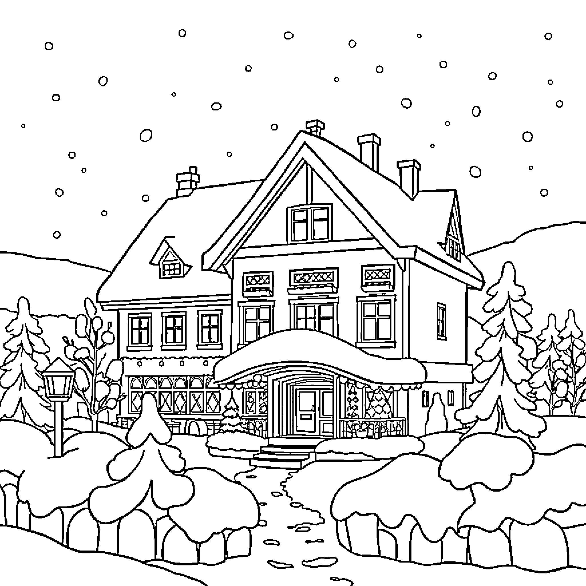 Habbo Hotel - Cozy Winter Cabin in the Snow Coloring Page (free black-and-white line drawing printable PDF for all, from beginners to advanced learners, including children, teens, adults, and seniors)