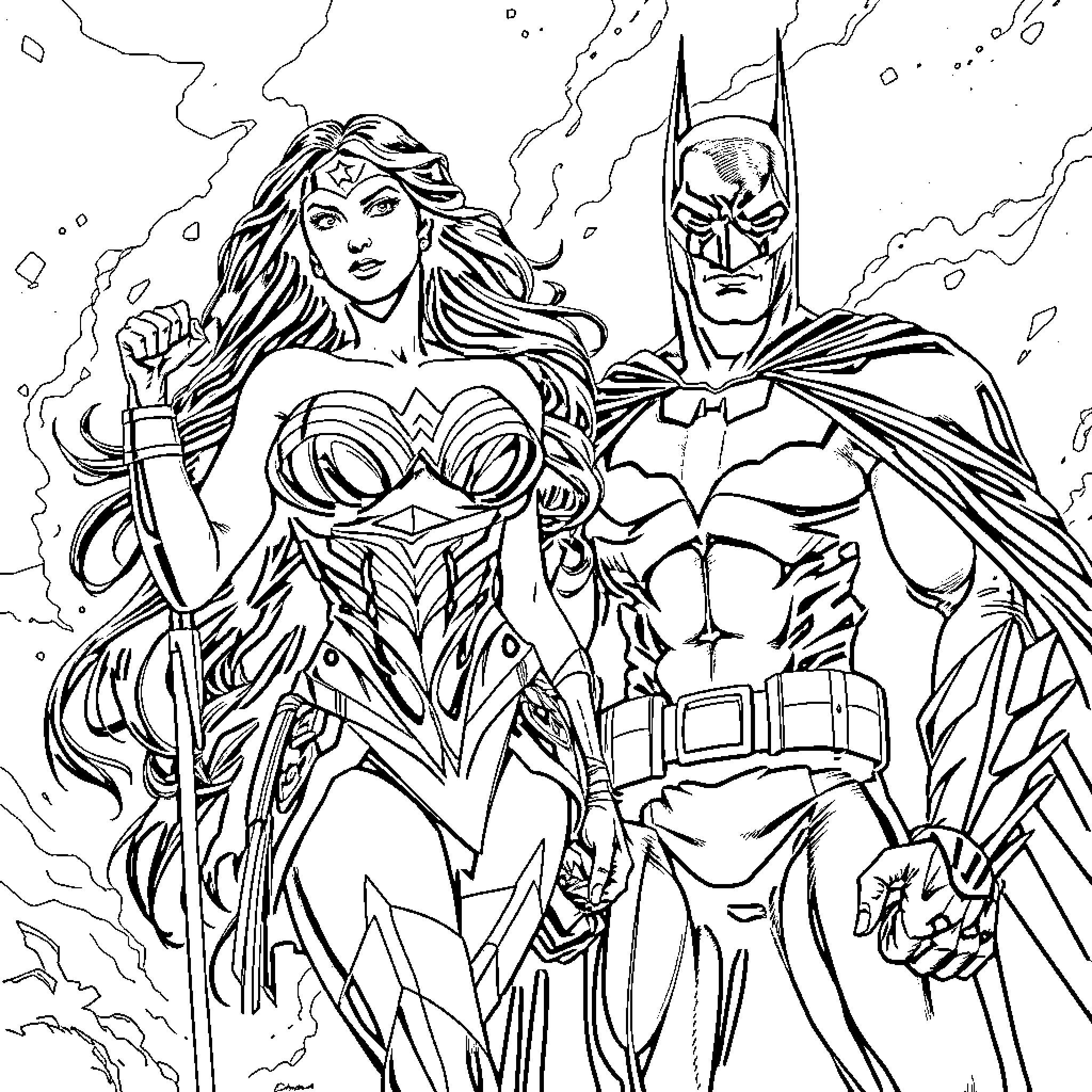 Wonder Woman and Batman in Action Coloring Page (free black-and-white line drawing printable PDF for all, from beginners to advanced learners, including children, teens, adults, and seniors)