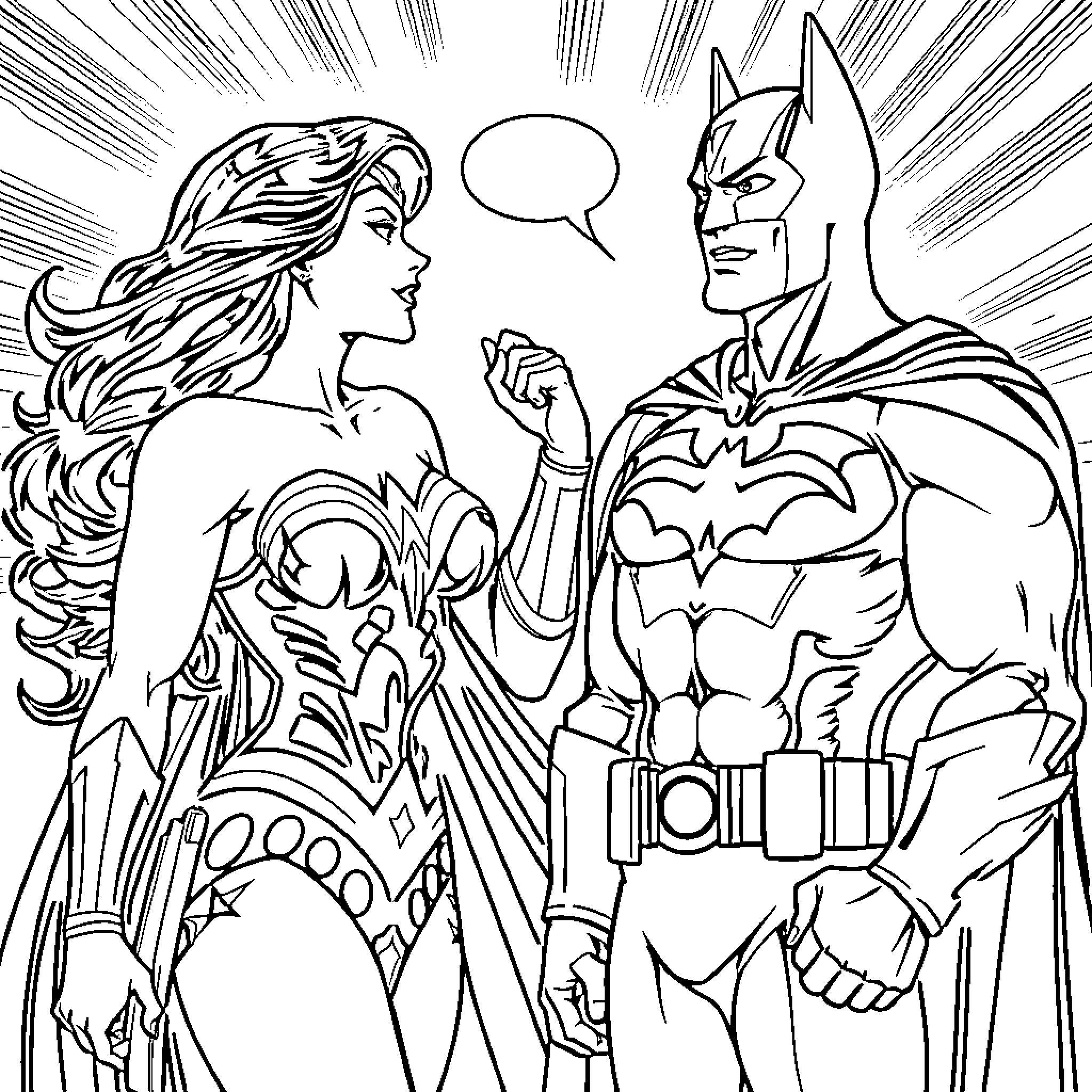 Wonder Woman and Batman engaged in dialogue Coloring Page (free black-and-white line drawing printable PDF for all, from beginners to advanced learners, including children, teens, adults, and seniors)