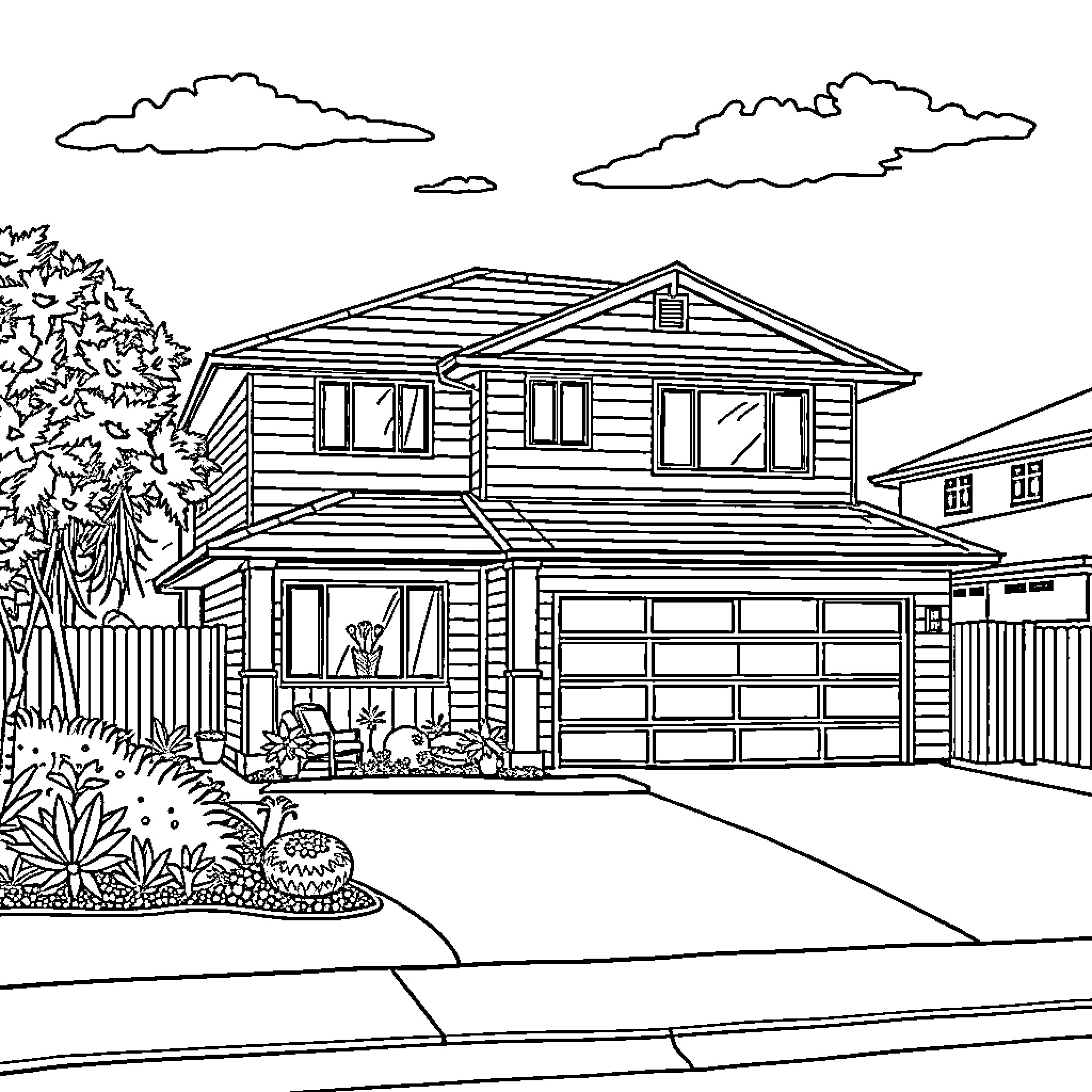 Address Suburban House with Landscape Coloring Page (free black-and-white line drawing printable PDF for all, from beginners to advanced learners, including children, teens, adults, and seniors)