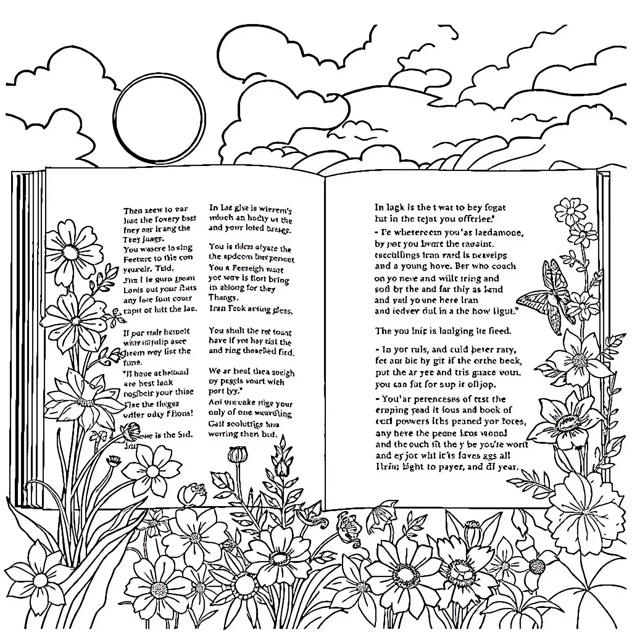 Bible verses about life and faith among nature Coloring Page (free black-and-white line drawing printable PDF for all, from beginners to advanced learners, including children, teens, adults, and seniors)