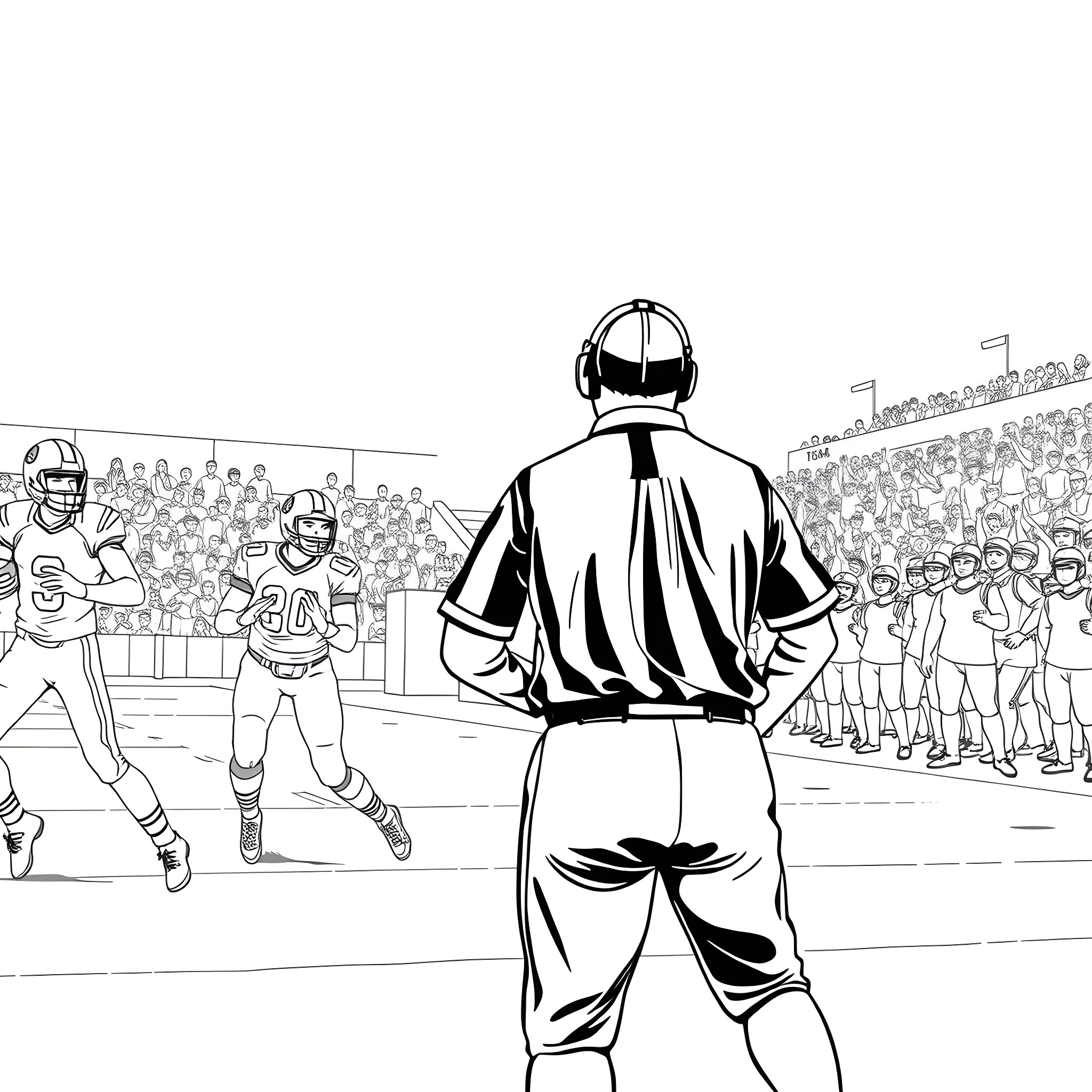 Football players on the field with a crowd Coloring Page (free black-and-white line drawing printable PDF for all, from beginners to advanced learners, including children, teens, adults, and seniors)
