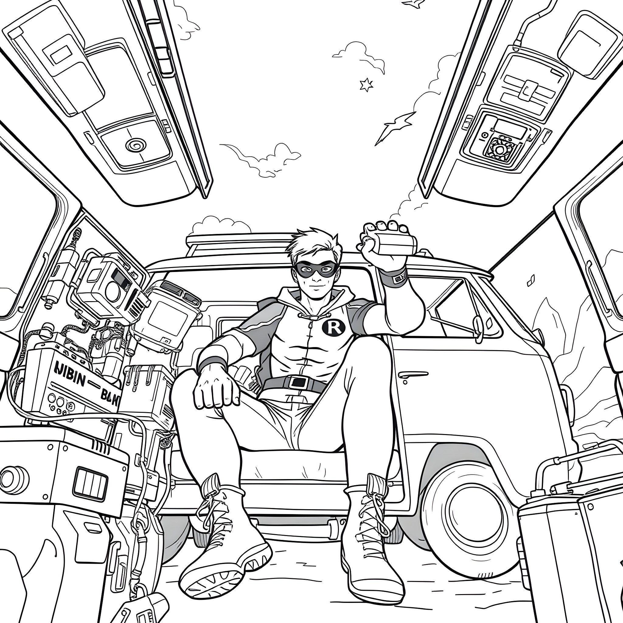 Robin's heroic journey in a futuristic scene Coloring Page (free black-and-white line drawing printable PDF for all, from beginners to advanced learners, including children, teens, adults, and seniors)