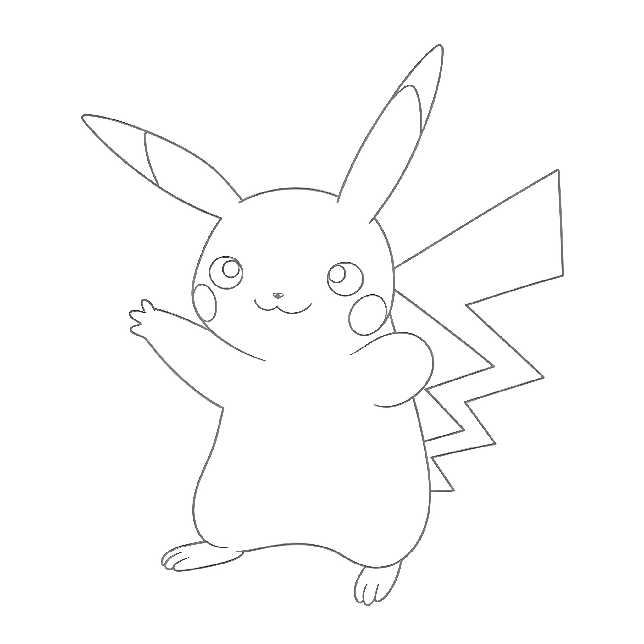 Pikachu waving happily Coloring Page (free black-and-white line drawing printable PDF for all, from beginners to advanced learners, including children, teens, adults, and seniors)