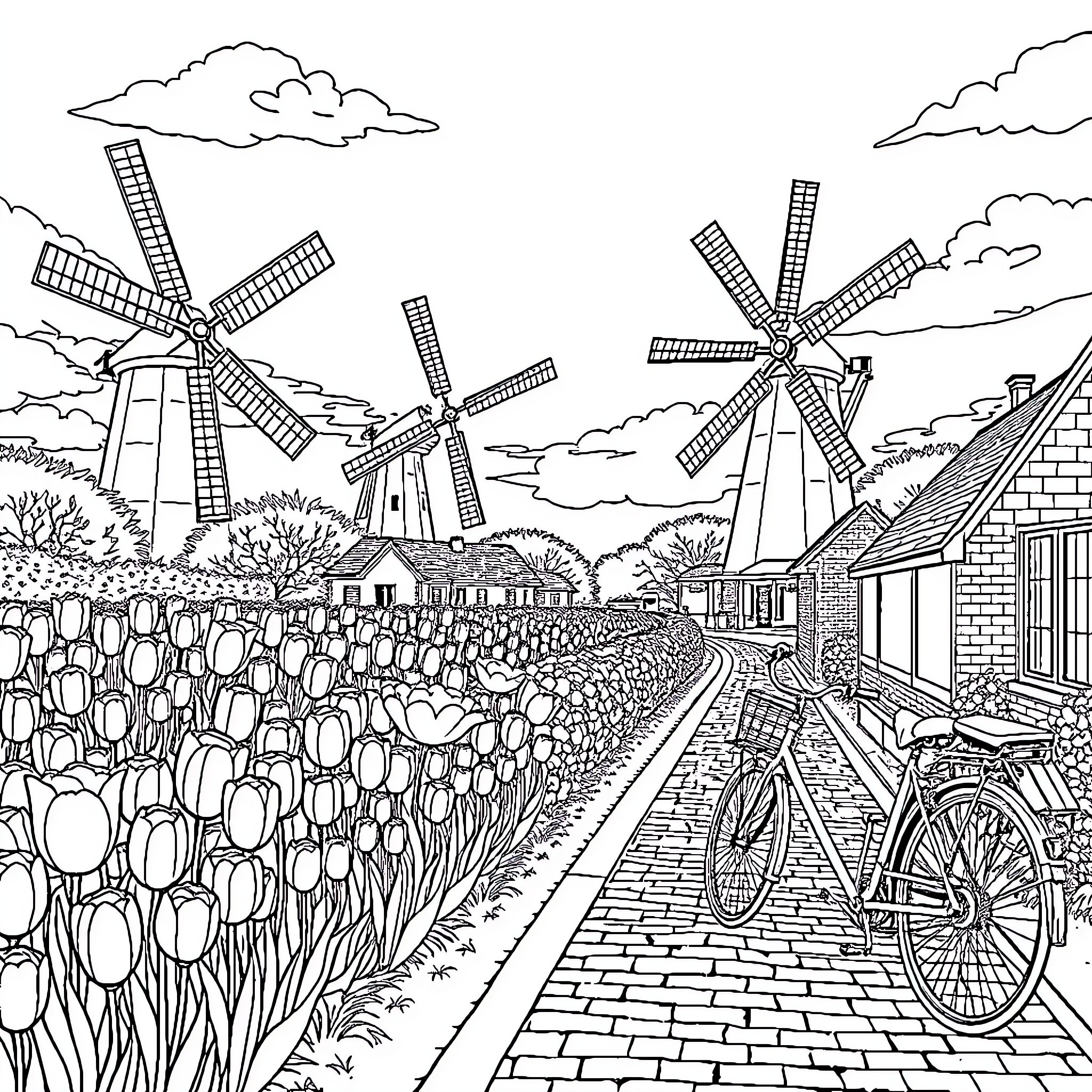 Tulip-lined path leading to windmills in countryside Coloring Page (free black-and-white line drawing printable PDF for all, from beginners to advanced learners, including children, teens, adults, and seniors)