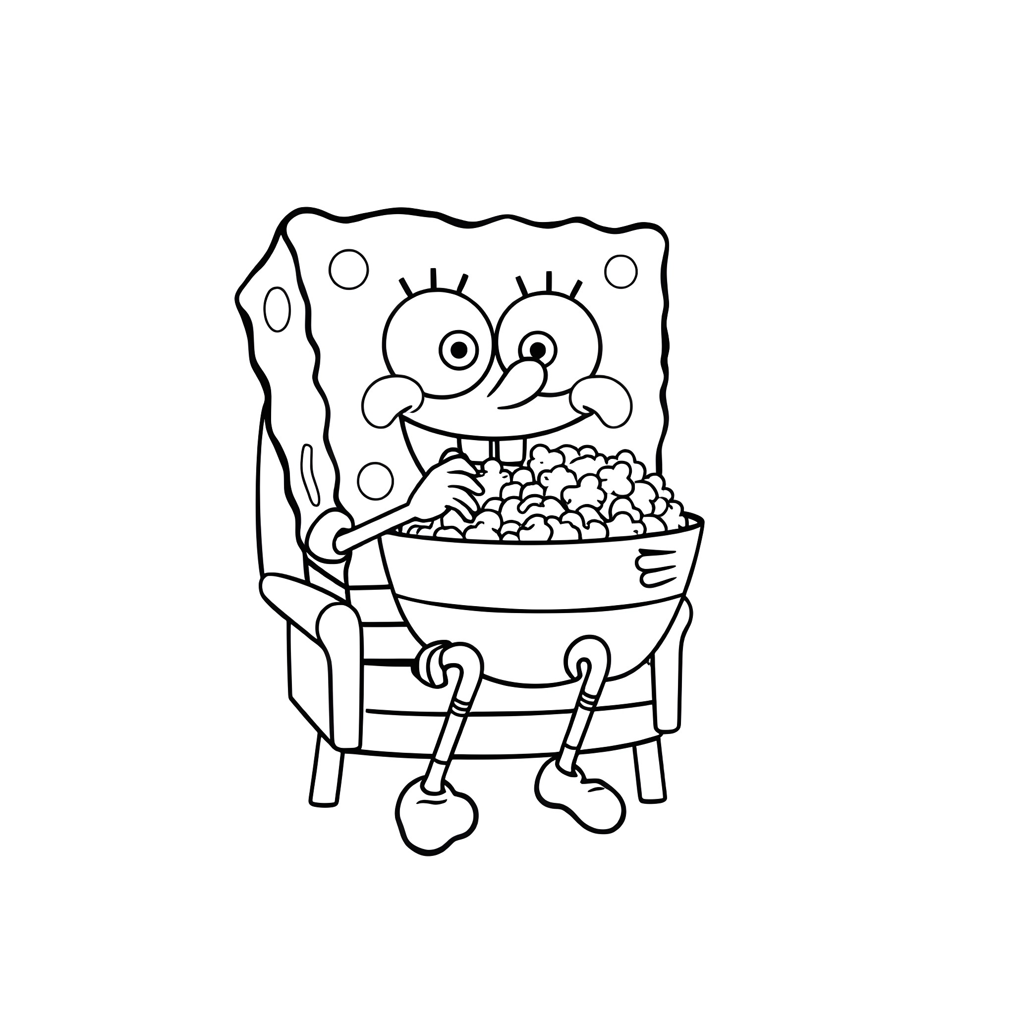 Spongebob enjoying a bowl of popcorn Coloring Page (free black-and-white line drawing printable PDF for all, from beginners to advanced learners, including children, teens, adults, and seniors)