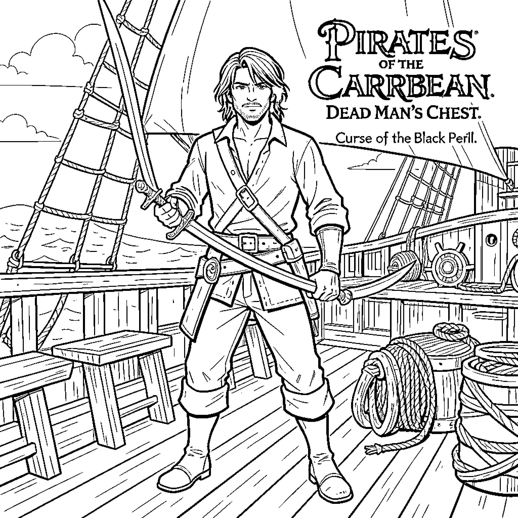 Will Turner standing heroically with a sword on a ship Coloring Page (free black-and-white line drawing printable PDF for all, from beginners to advanced learners, including children, teens, adults, and seniors)
