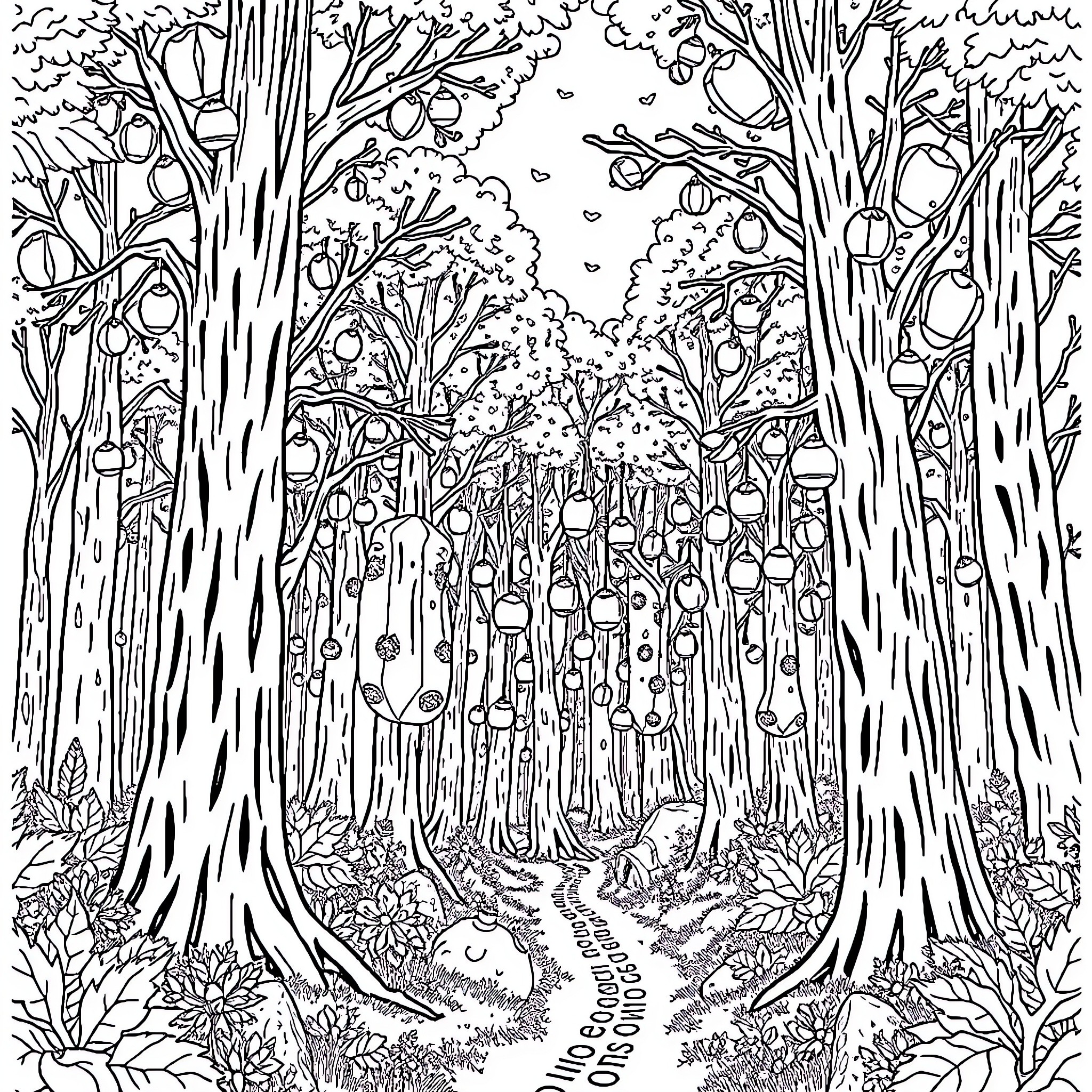 Tree-filled forest with intricate details Coloring Page (free black-and-white line drawing printable PDF for all, from beginners to advanced learners, including children, teens, adults, and seniors)