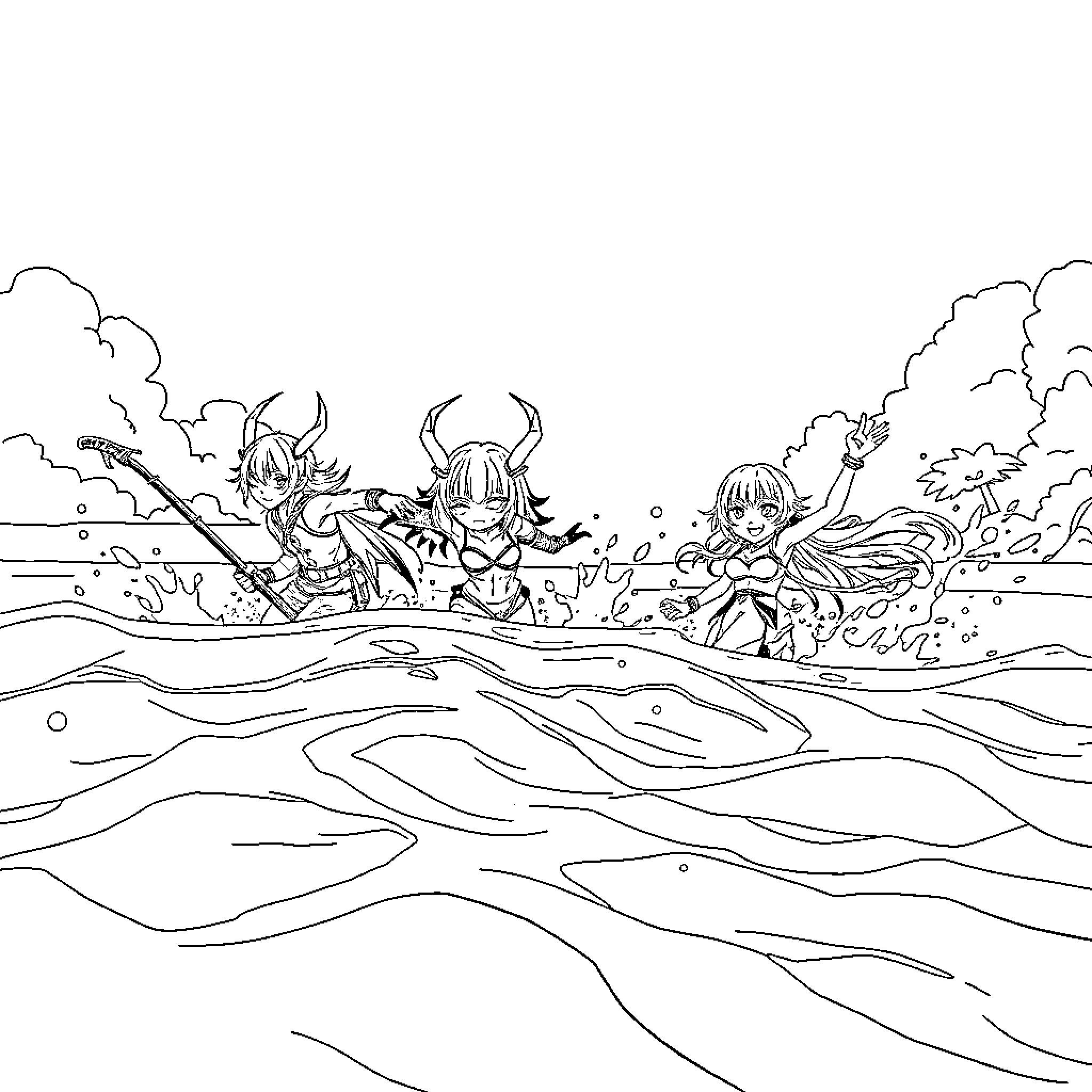 Demon Hunters Battling Fierce Monsters in a Stormy Landscape Coloring Page (free black-and-white line drawing printable PDF for all, from beginners to advanced learners, including children, teens, adults, and seniors)