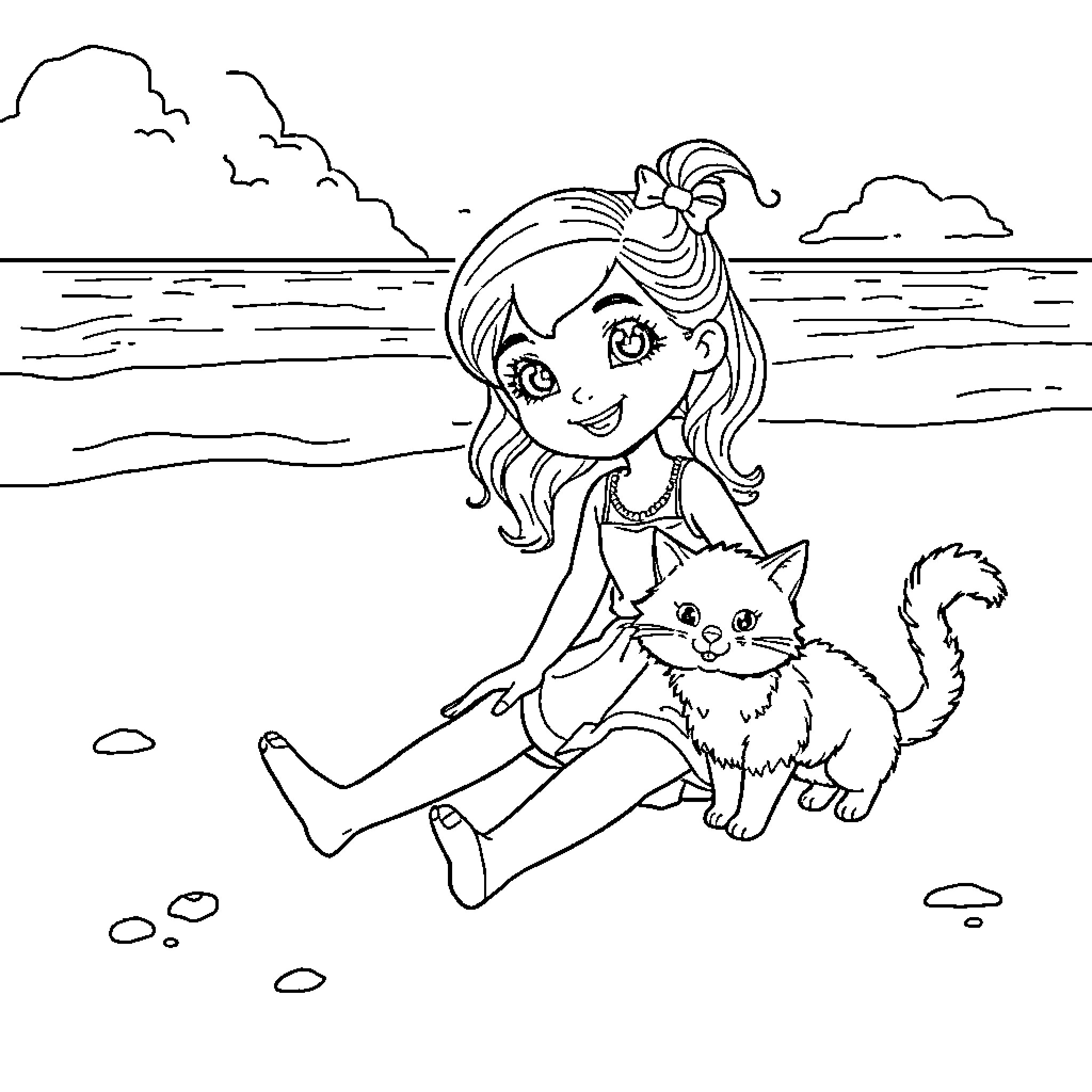 Gabby's Beach Adventure with Her Furry Friend Coloring Page (free black-and-white line drawing printable PDF for all, from beginners to advanced learners, including children, teens, adults, and seniors)