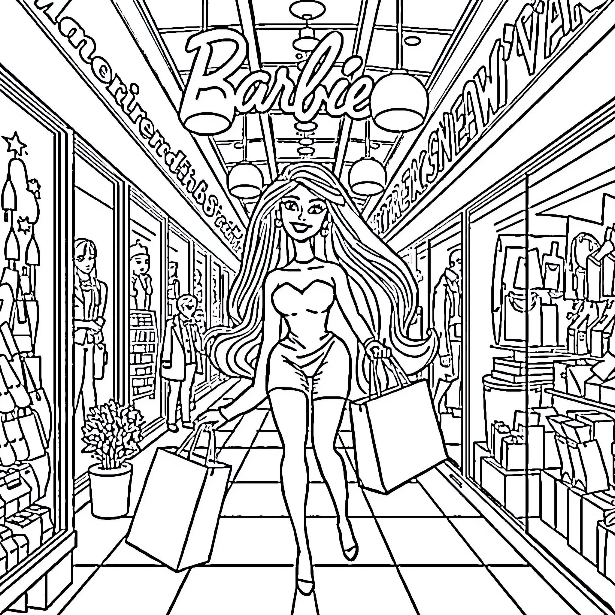 Barbie's Exciting Shopping Spree Coloring Page (free black-and-white line drawing printable PDF for all, from beginners to advanced learners, including children, teens, adults, and seniors)