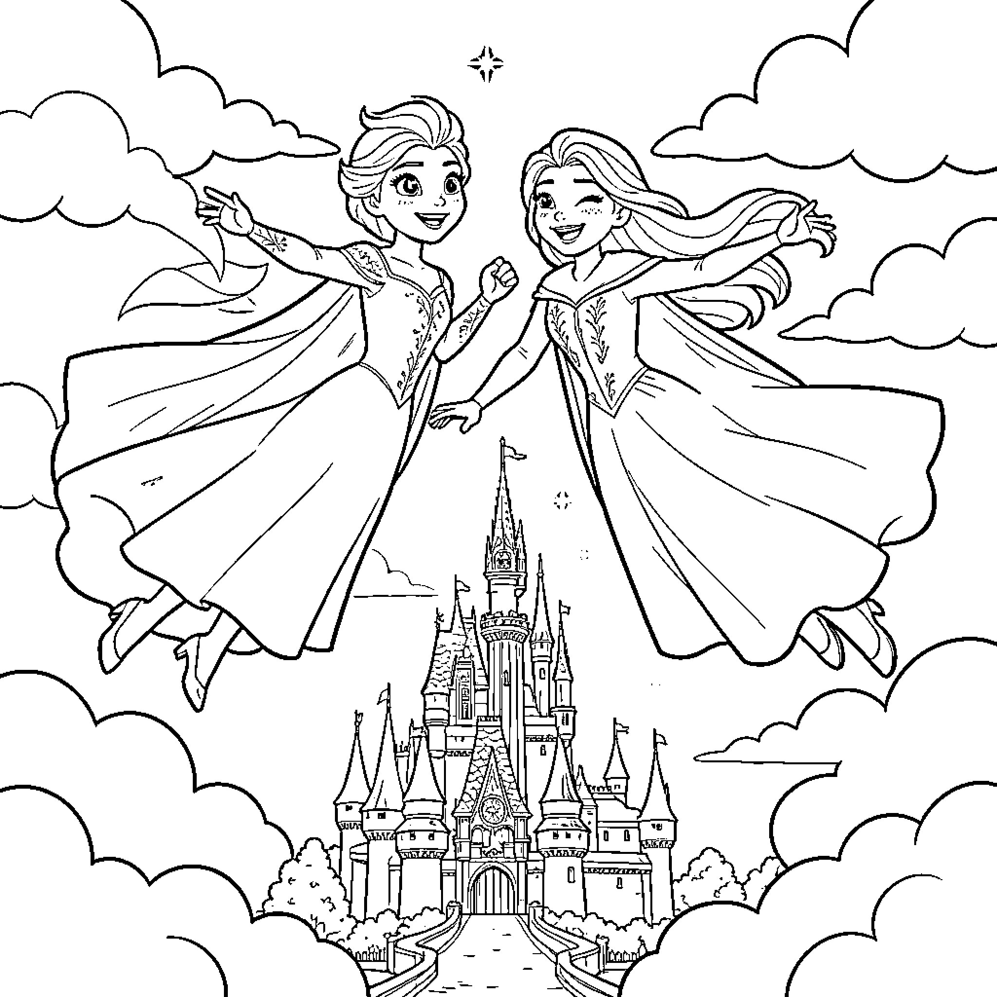 Princess sisters dancing joyfully in the sky Coloring Page (free black-and-white line drawing printable PDF for all, from beginners to advanced learners, including children, teens, adults, and seniors)