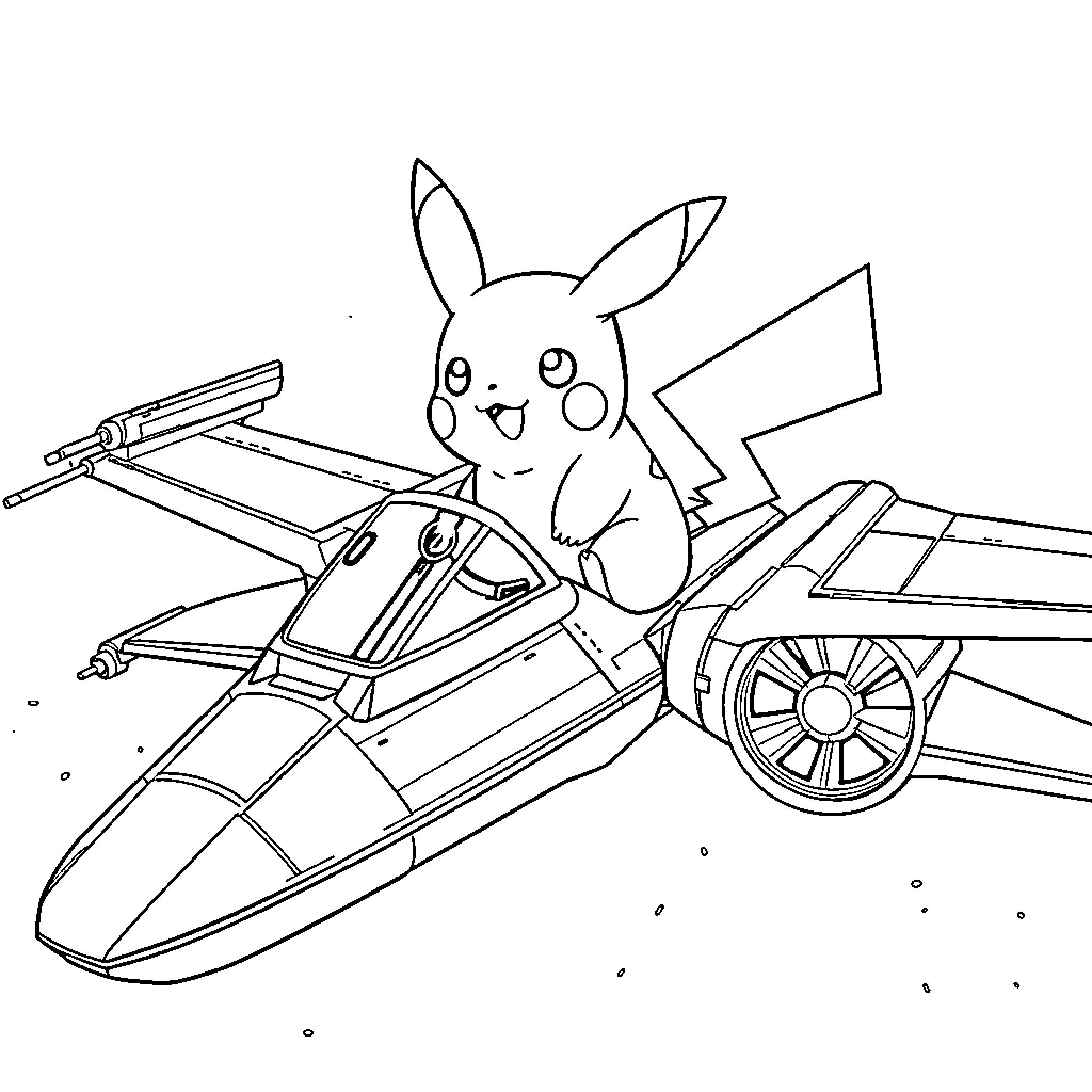 Pikachu riding a futuristic vehicle Coloring Page (free black-and-white line drawing printable PDF for all, from beginners to advanced learners, including children, teens, adults, and seniors)