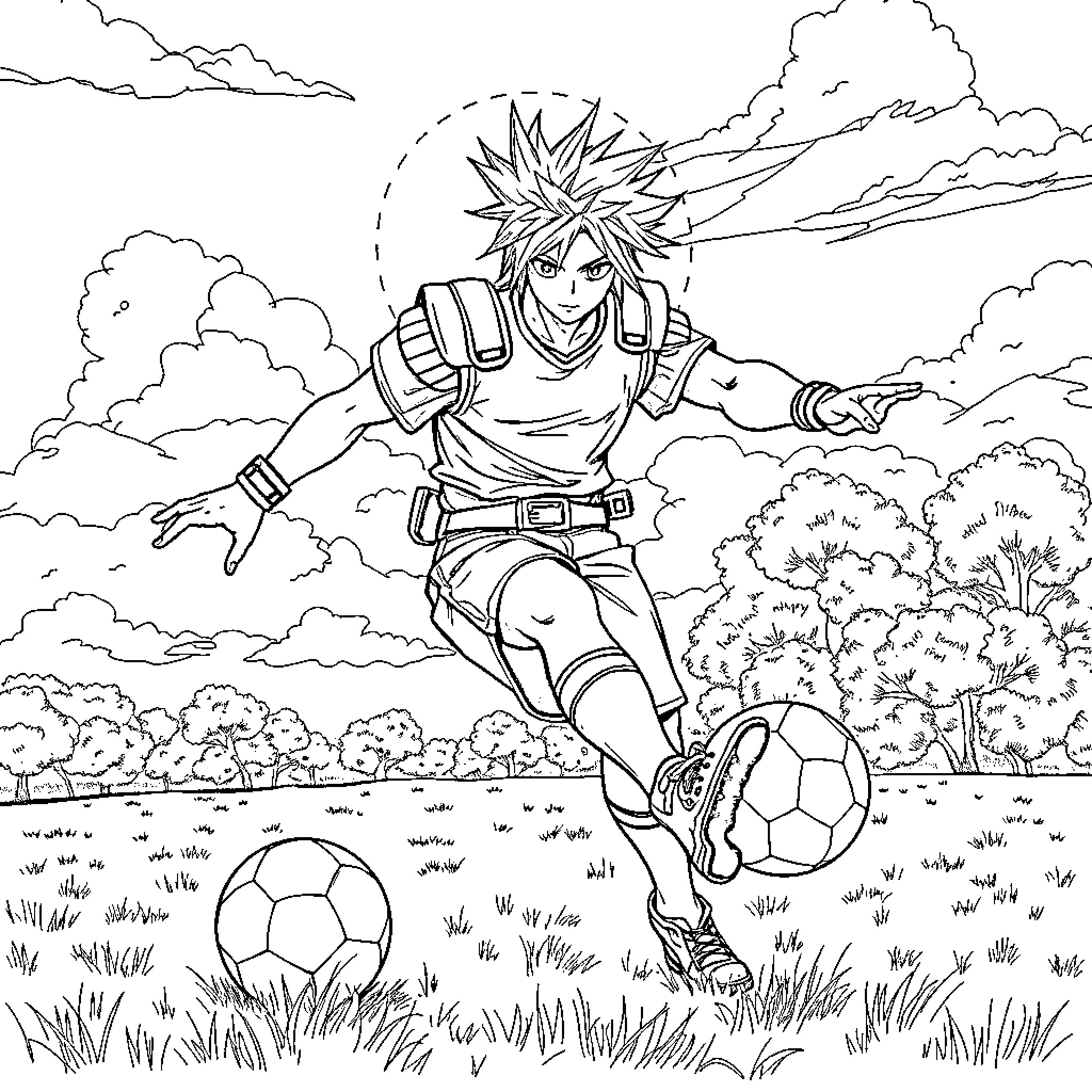 Cloud of a character playing soccer in a field Coloring Page (free black-and-white line drawing printable PDF for all, from beginners to advanced learners, including children, teens, adults, and seniors)