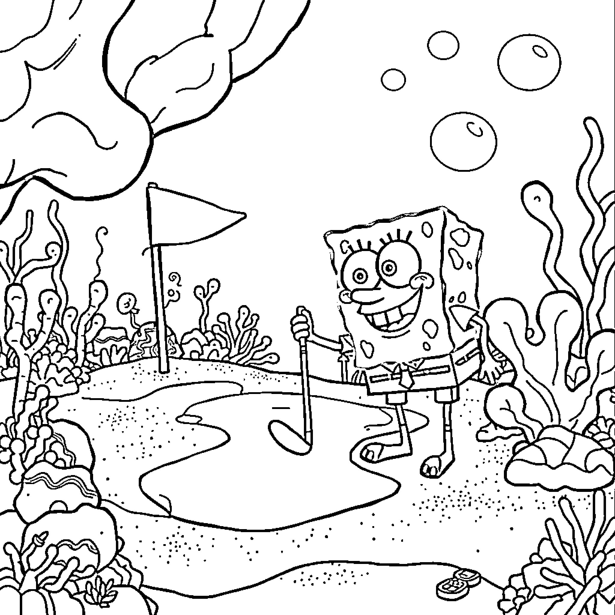 Spongebob exploring the underwater world Coloring Page (free black-and-white line drawing printable PDF for all, from beginners to advanced learners, including children, teens, adults, and seniors)