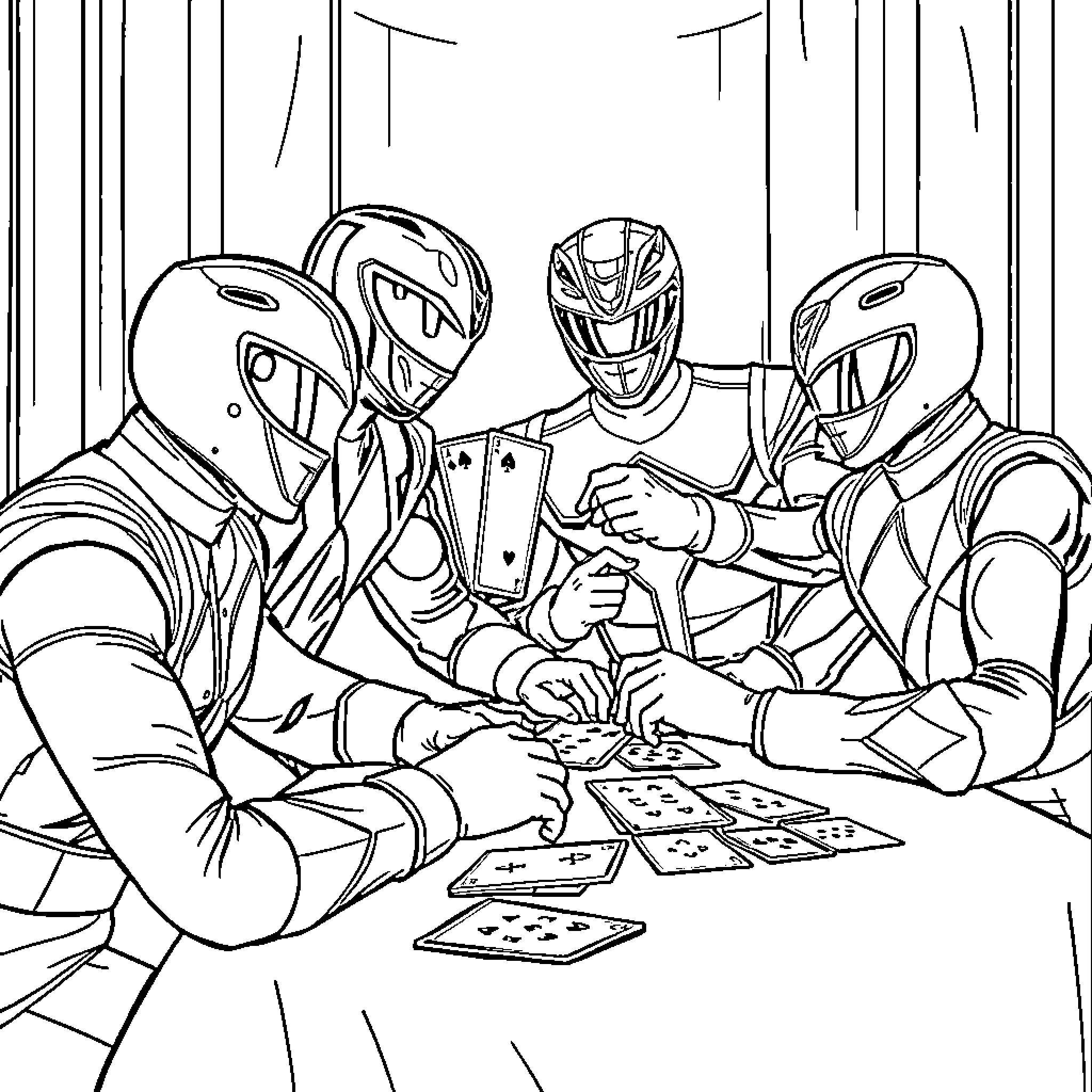 Power Rangers playing card game together Coloring Page (free black-and-white line drawing printable PDF for all, from beginners to advanced learners, including children, teens, adults, and seniors)