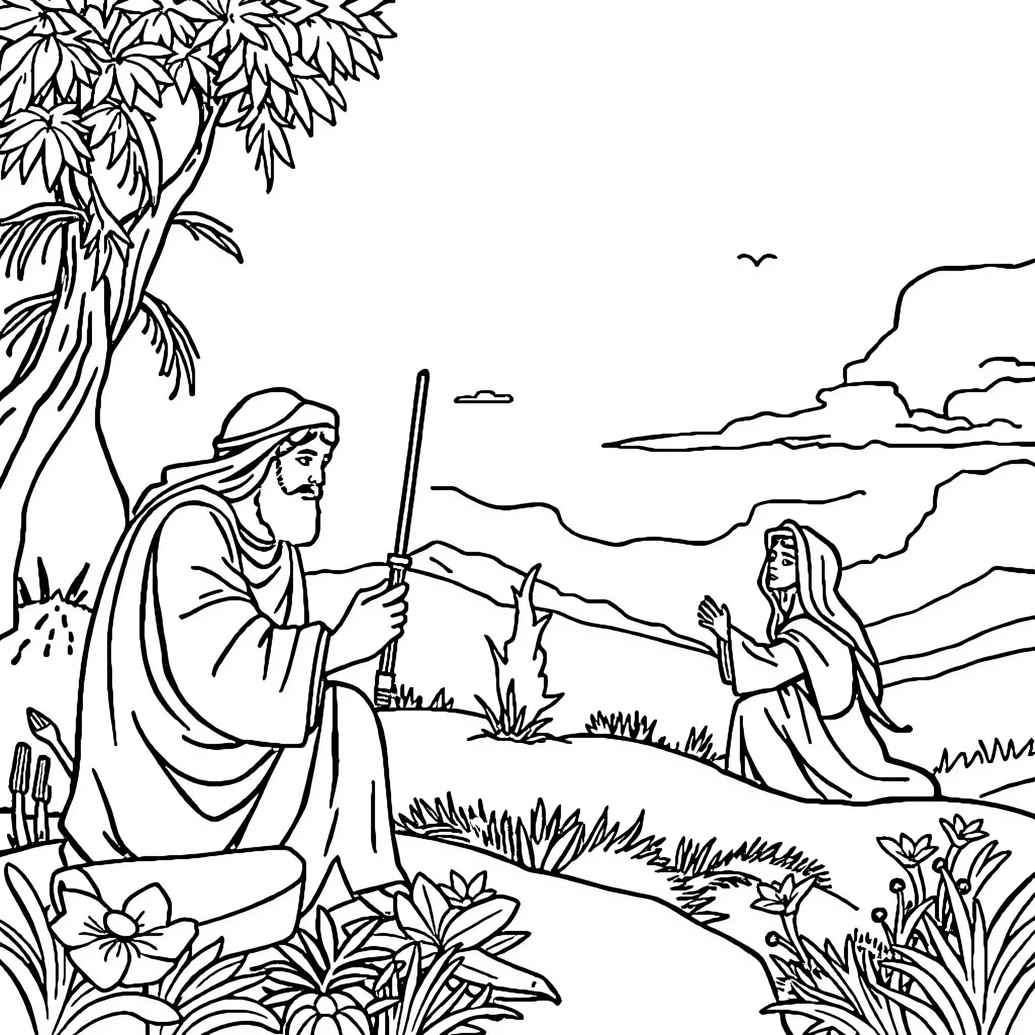 Bible Stories: Two people in robes conversing in a garden Coloring Page (free black-and-white line drawing printable PDF for all, from beginners to advanced learners, including children, teens, adults, and seniors)