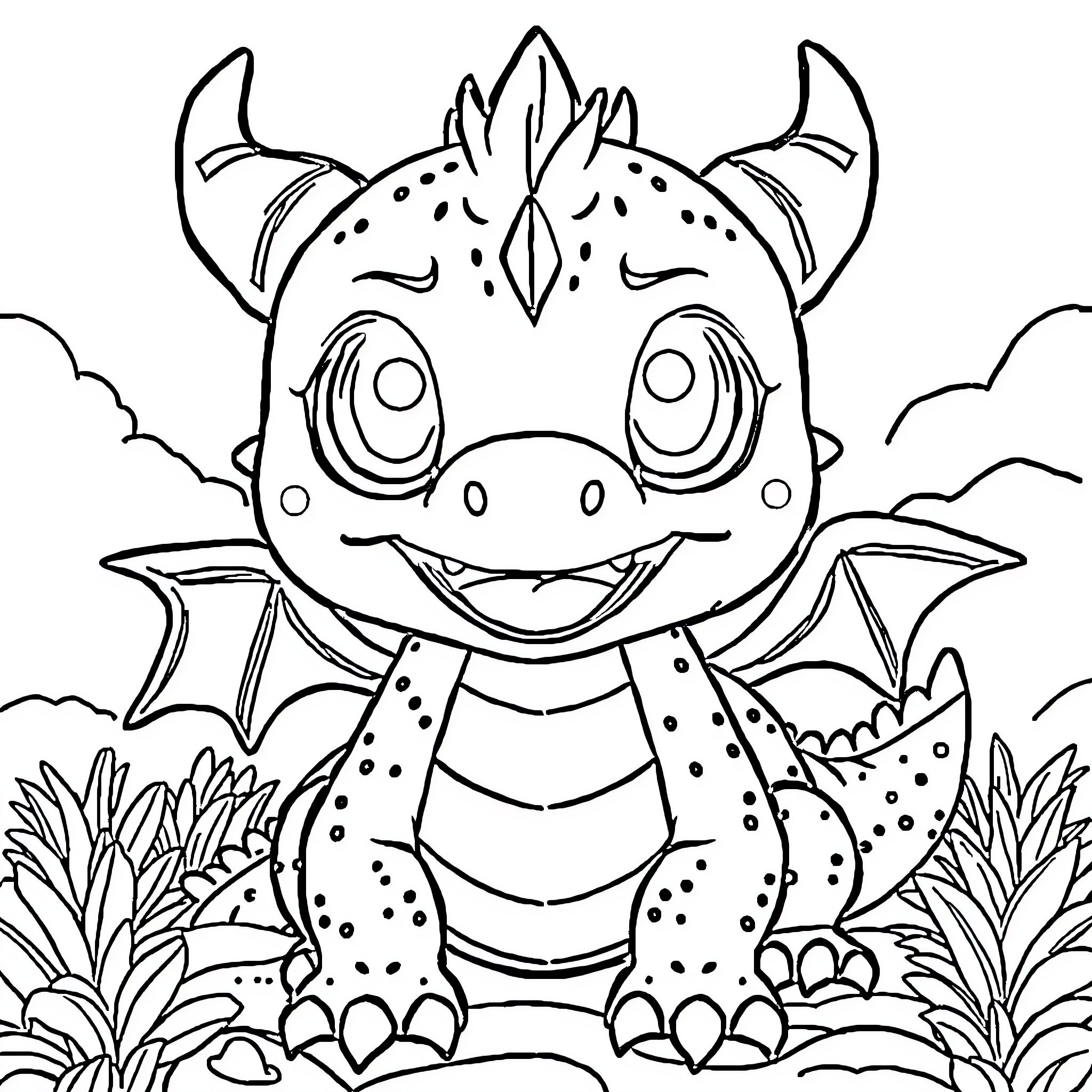 Chimuelo the playful dragon exploring the lush greenery Coloring Page (free black-and-white line drawing printable PDF for all, from beginners to advanced learners, including children, teens, adults, and seniors)