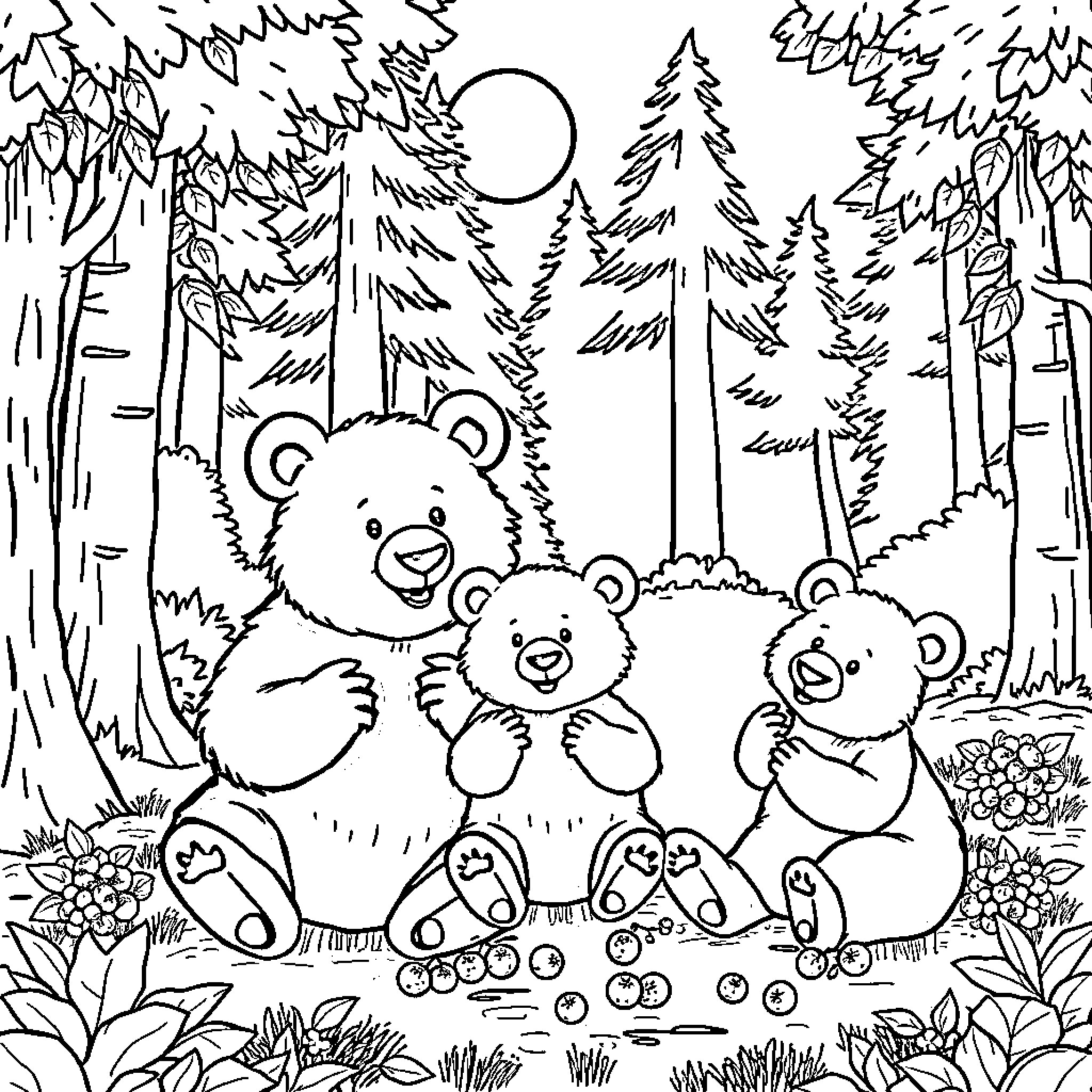 Bear Family Playing in the Enchanted Forest Coloring Page (free black-and-white line drawing printable PDF for all, from beginners to advanced learners, including children, teens, adults, and seniors)
