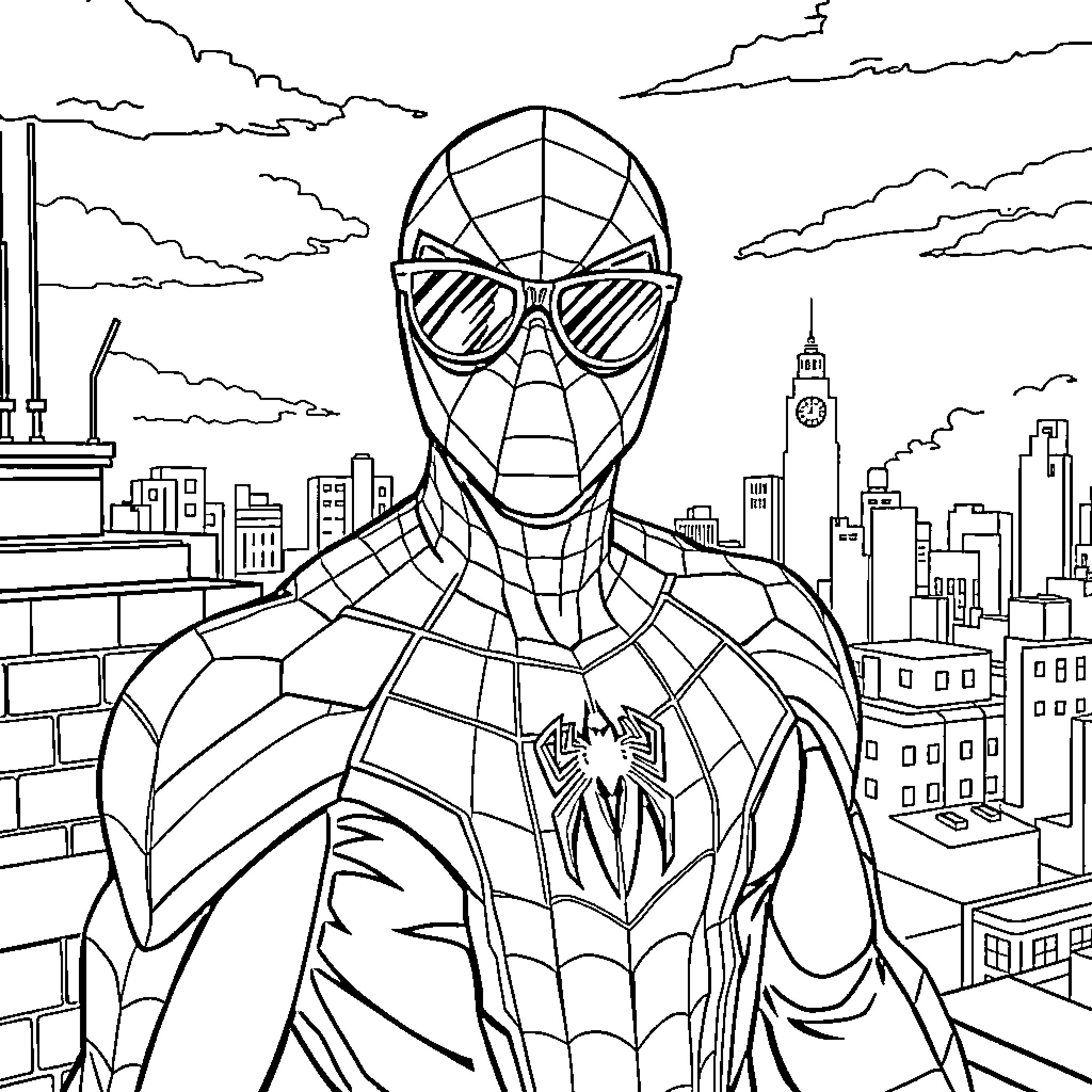 Spiderman heroically overlooking the city Coloring Page (free black-and-white line drawing printable PDF for all, from beginners to advanced learners, including children, teens, adults, and seniors)