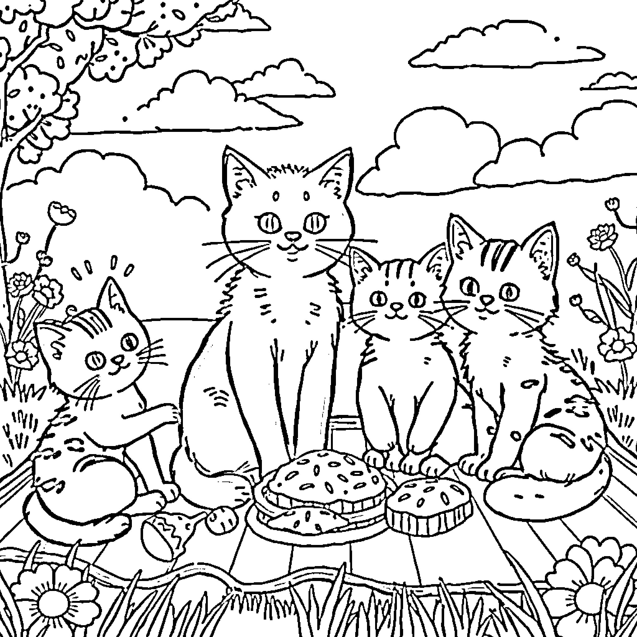 Cats enjoying a picnic in the park Coloring Page (free black-and-white line drawing printable PDF for all, from beginners to advanced learners, including children, teens, adults, and seniors)