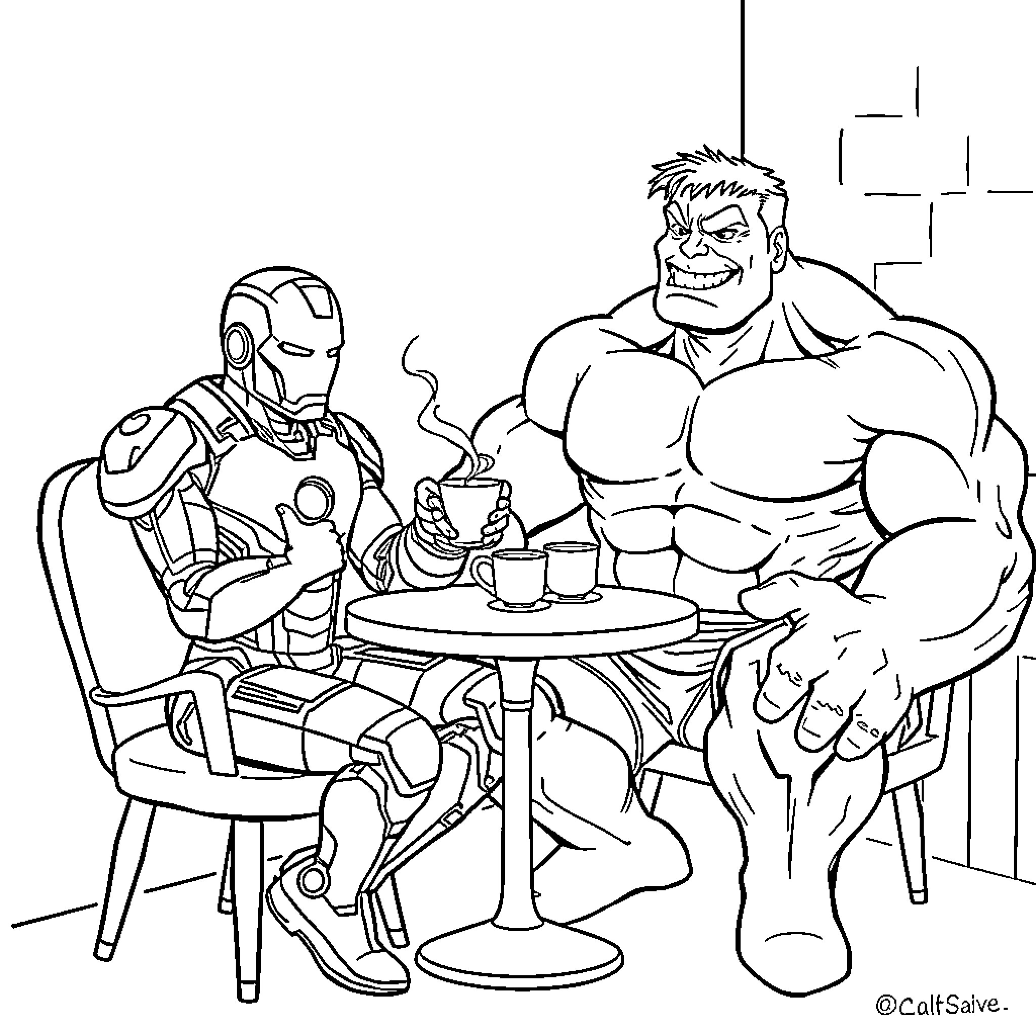 Iron Man and Hulk Enjoying Coffee Together Coloring Page (free black-and-white line drawing printable PDF for all, from beginners to advanced learners, including children, teens, adults, and seniors)