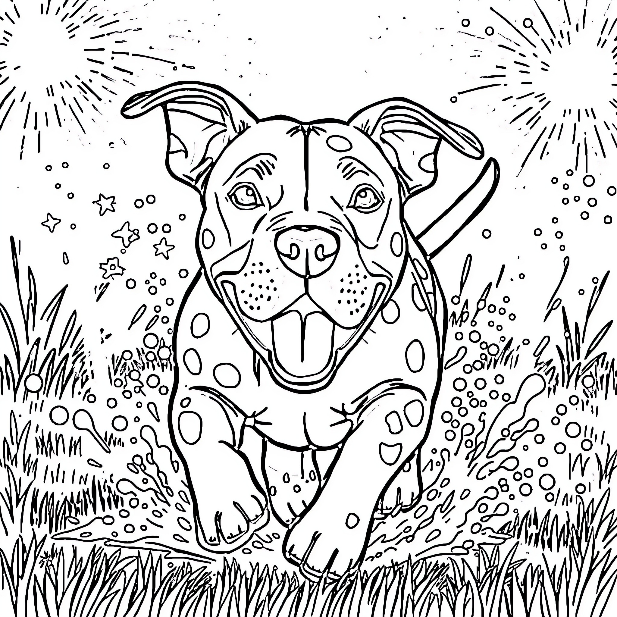 Pitbull celebrating in a vibrant outdoor scene Coloring Page (free black-and-white line drawing printable PDF for all, from beginners to advanced learners, including children, teens, adults, and seniors)