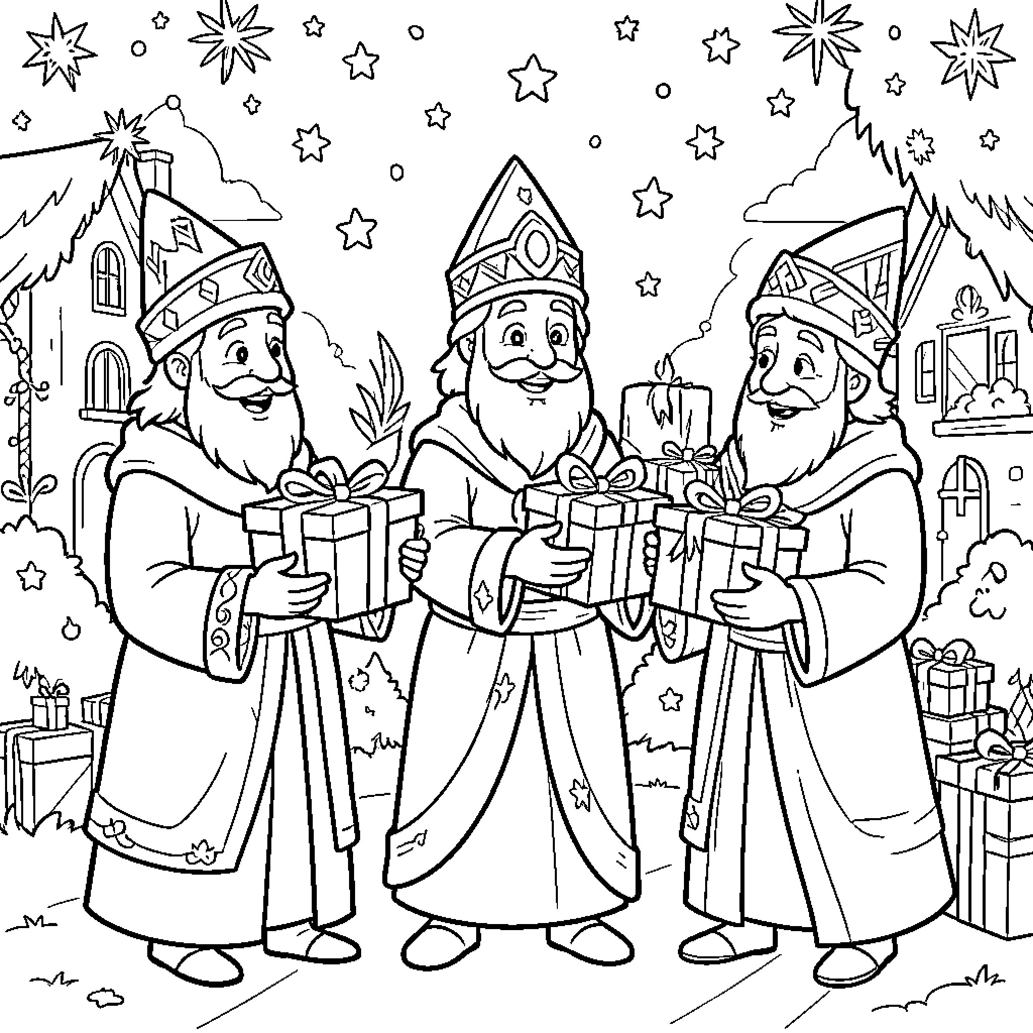Three Kings holding wrapped gifts under starry sky Coloring Page (free black-and-white line drawing printable PDF for all, from beginners to advanced learners, including children, teens, adults, and seniors)