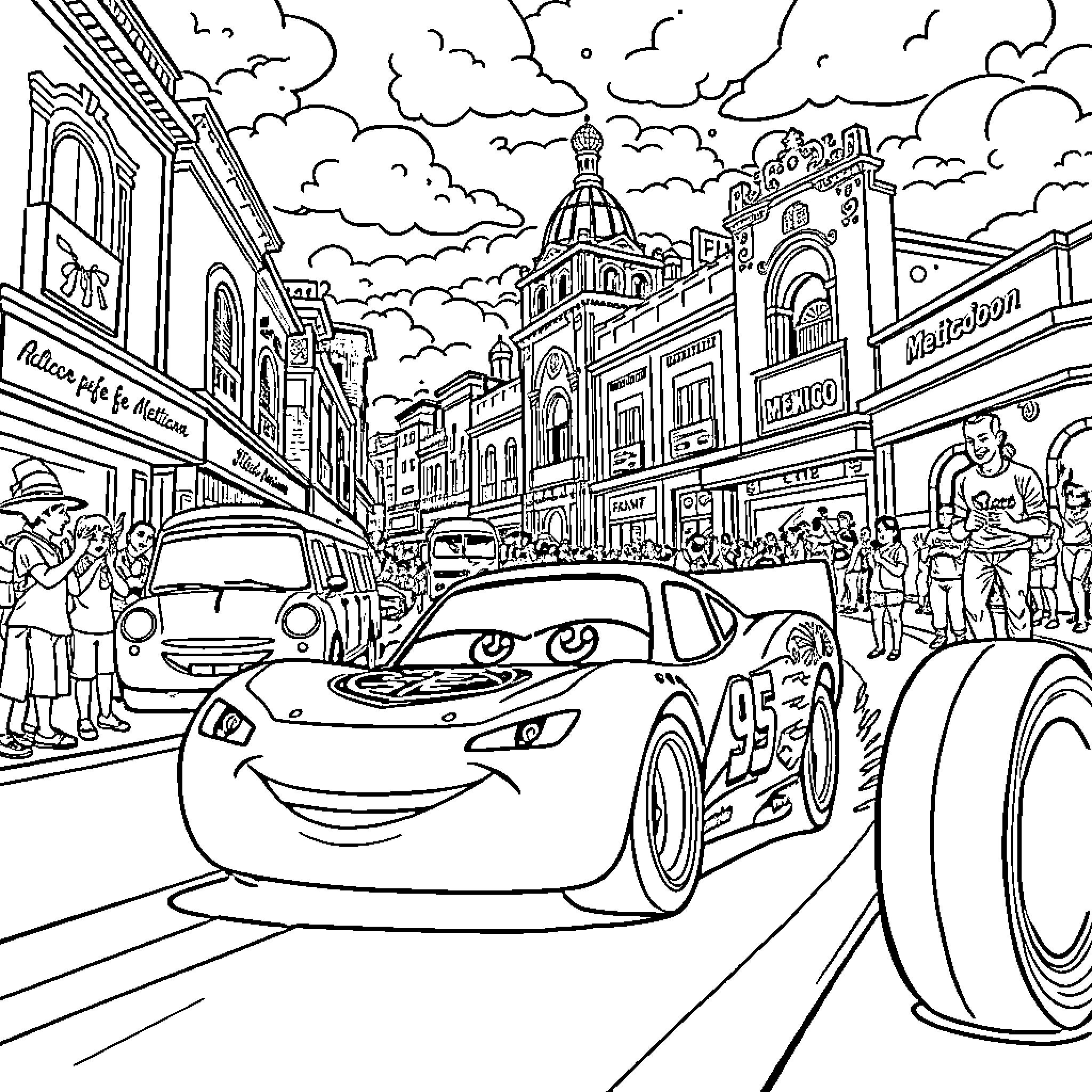 McQueen's Thrilling Adventure in the Vibrant City Coloring Page (free black-and-white line drawing printable PDF for all, from beginners to advanced learners, including children, teens, adults, and seniors)