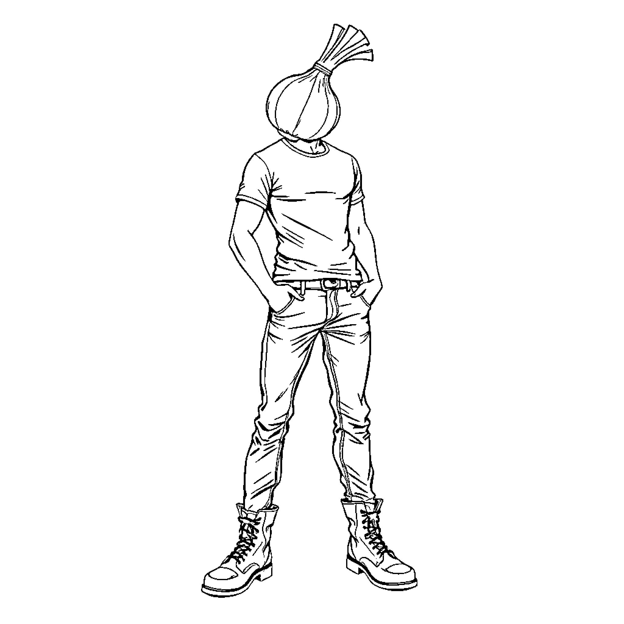 Onion Man in casual attire posing confidently Coloring Page (free black-and-white line drawing printable PDF for all, from beginners to advanced learners, including children, teens, adults, and seniors)