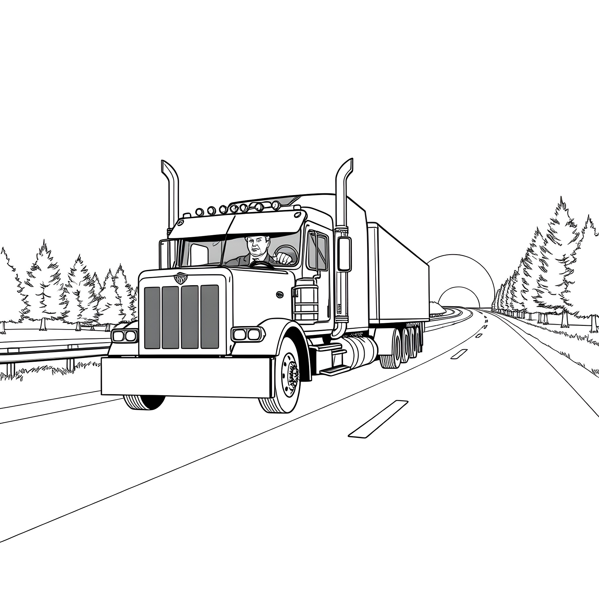 Donald Trump driving a big rig truck on the highway Coloring Page (free black-and-white line drawing printable PDF for all, from beginners to advanced learners, including children, teens, adults, and seniors)
