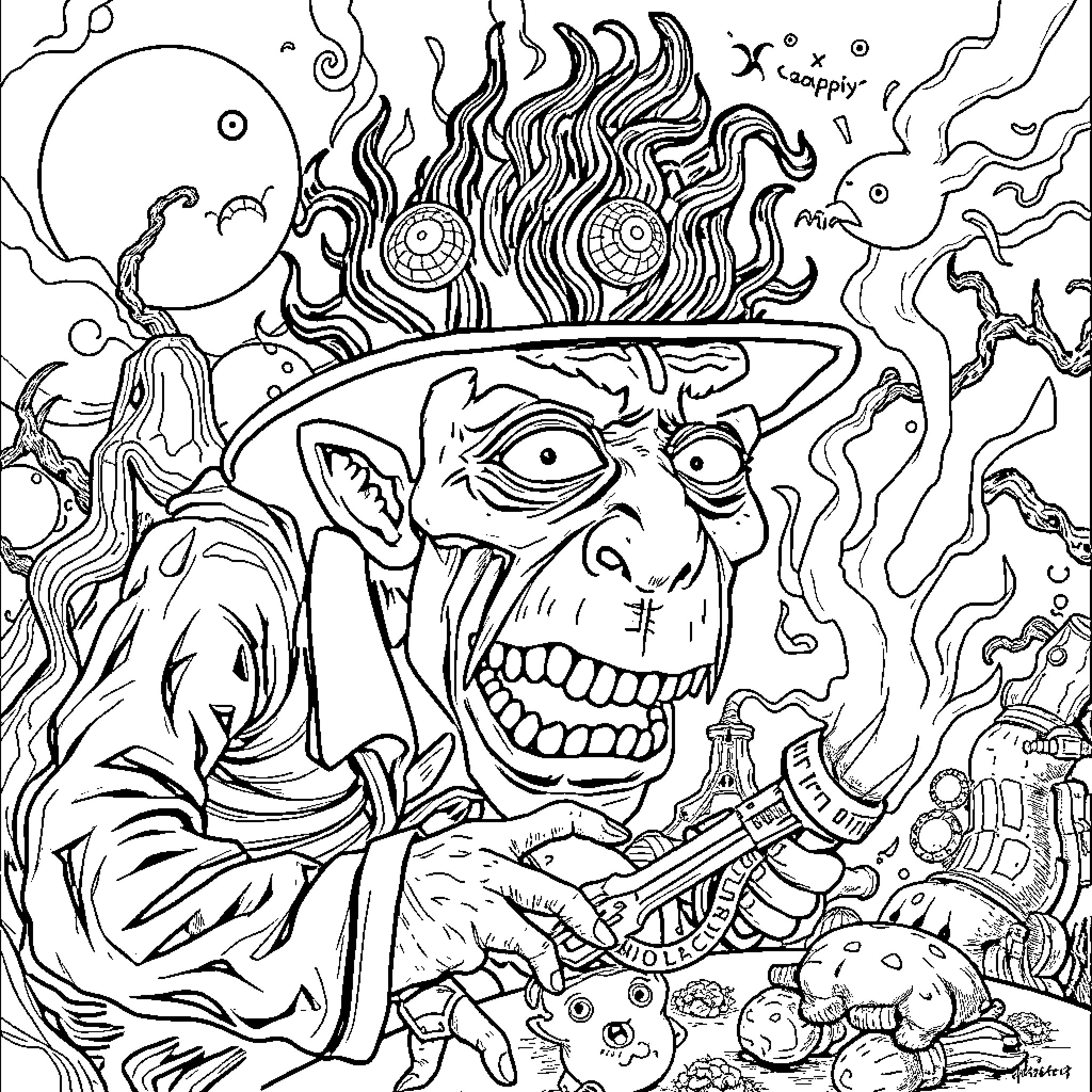 Olcalero's Mystical Realm: Fantastical Creatures and Surreal Scenes Coloring Page (free black-and-white line drawing printable PDF for all, from beginners to advanced learners, including children, teens, adults, and seniors)