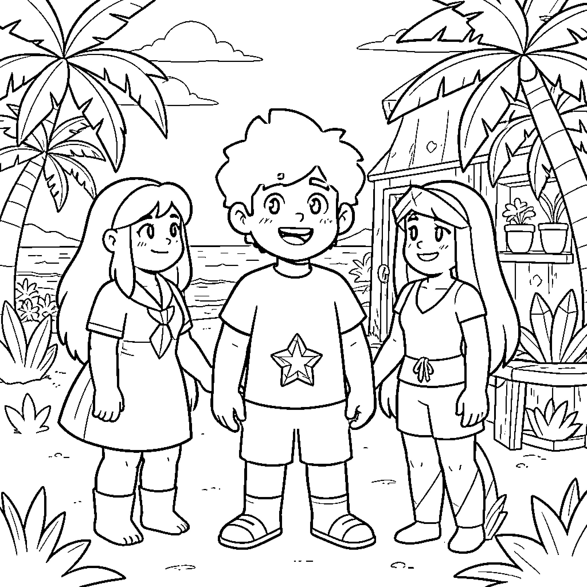 Steven Universe Characters in a Tropical Setting Coloring Page (free black-and-white line drawing printable PDF for all, from beginners to advanced learners, including children, teens, adults, and seniors)