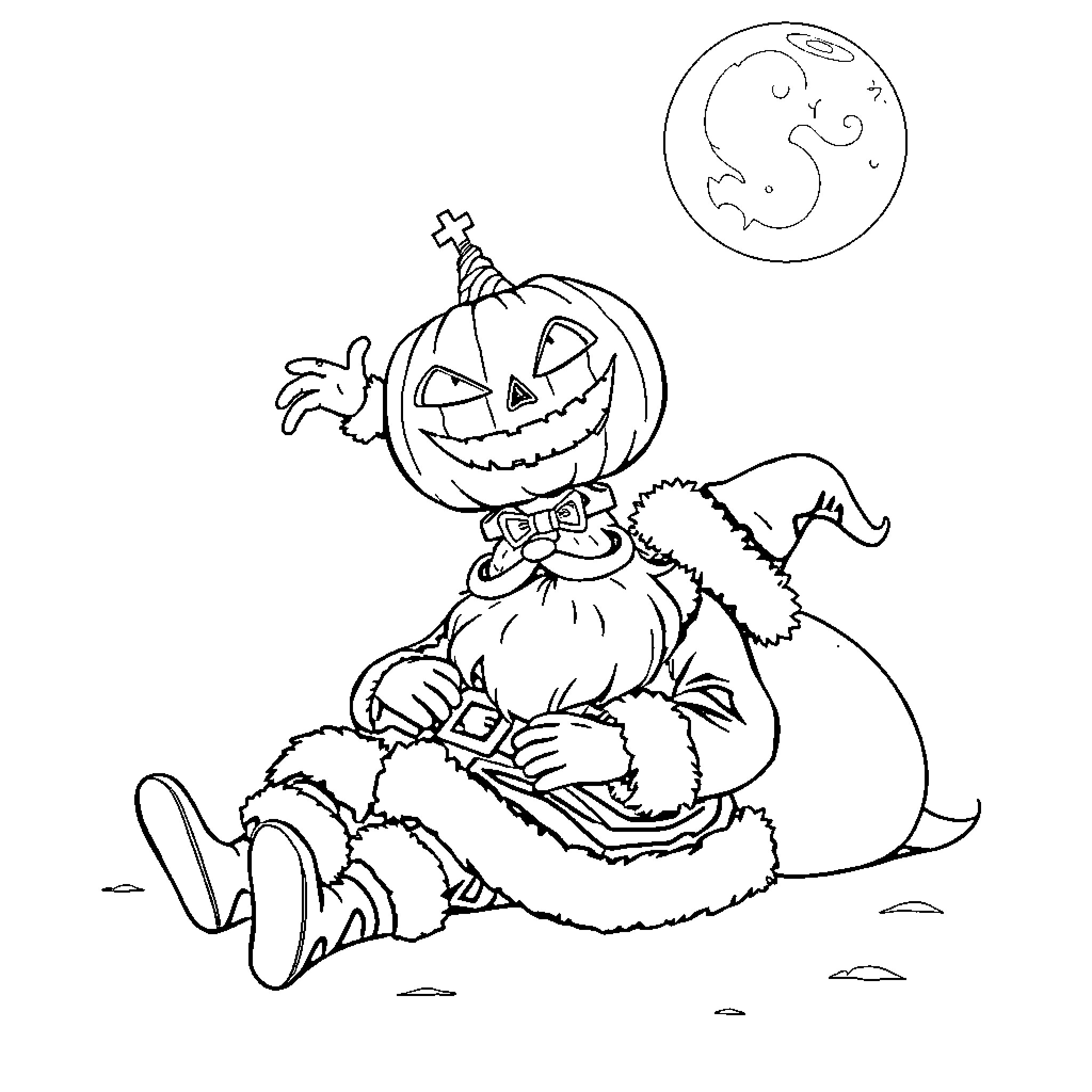 Pumpkin King in Halloween costume enjoying the night Coloring Page (free black-and-white line drawing printable PDF for all, from beginners to advanced learners, including children, teens, adults, and seniors)