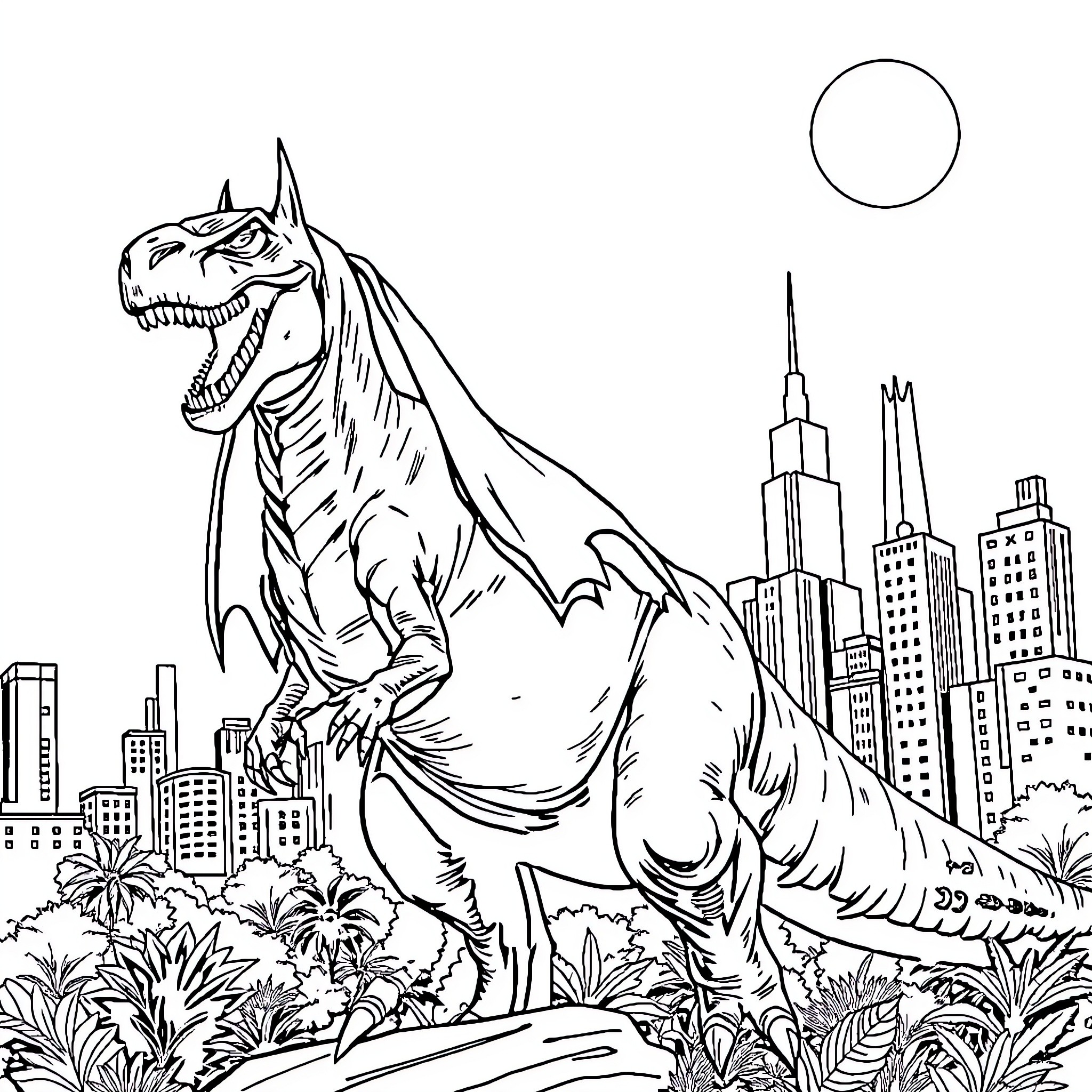 Batman Battles a Fearsome Dinosaur in the City Coloring Page (free black-and-white line drawing printable PDF for all, from beginners to advanced learners, including children, teens, adults, and seniors)