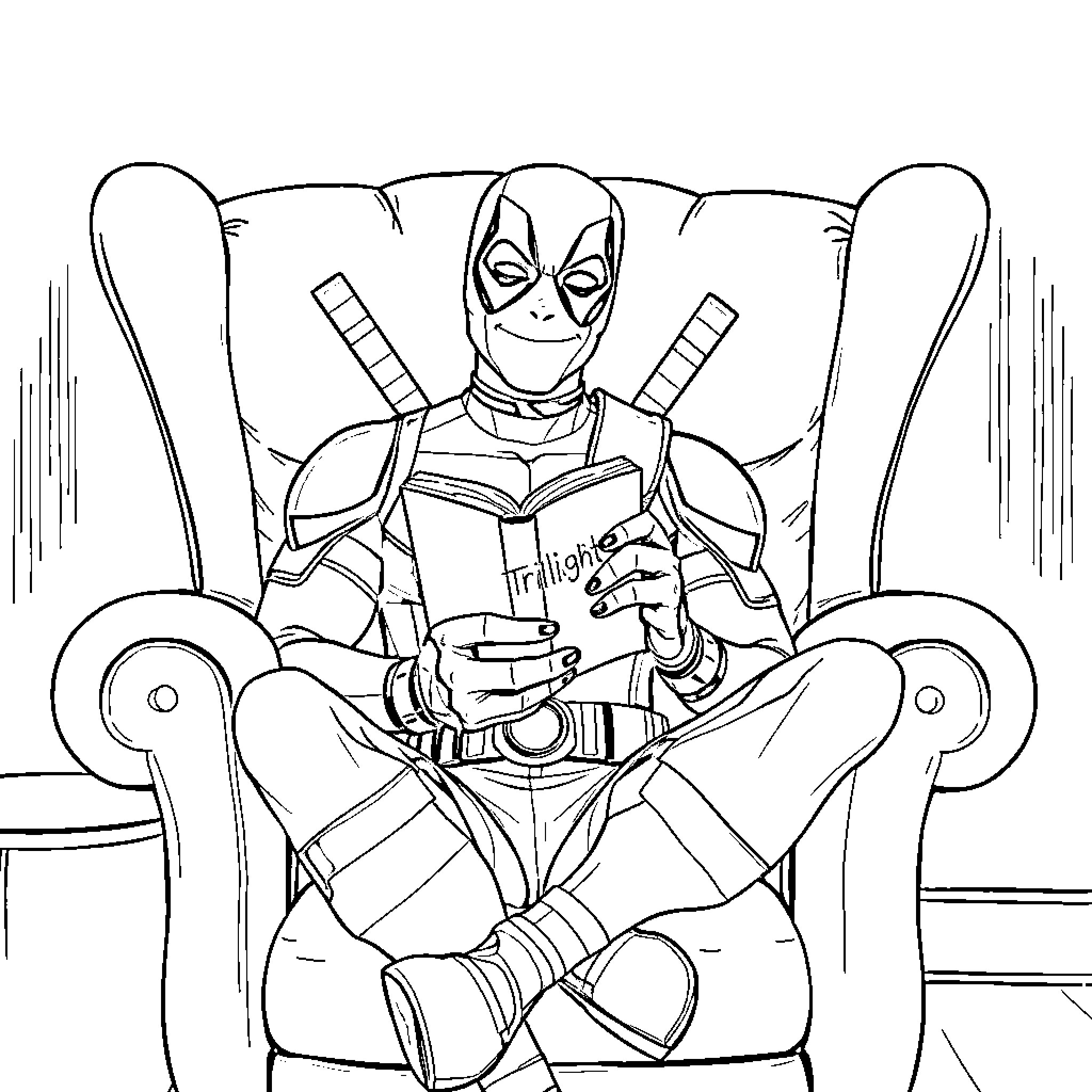 Deadpool reading a book in a chair Coloring Page (free black-and-white line drawing printable PDF for all, from beginners to advanced learners, including children, teens, adults, and seniors)