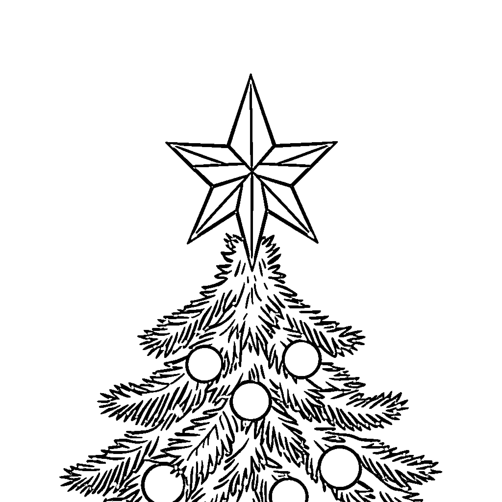 Star-Topped Christmas Tree with Ornaments Coloring Page (free black-and-white line drawing printable PDF for all, from beginners to advanced learners, including children, teens, adults, and seniors)