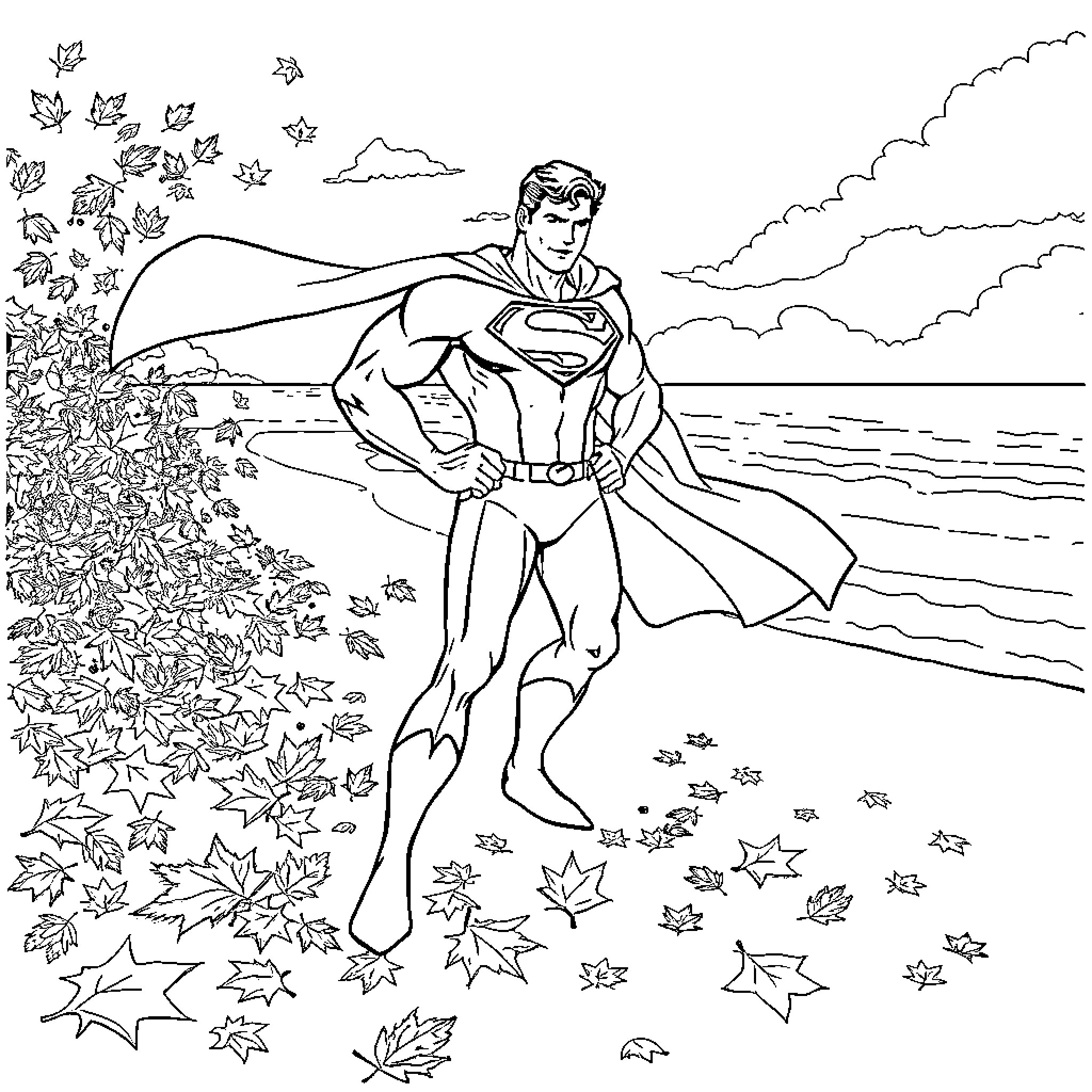 Superman Soaring Over Autumn Leaves by the Sea Coloring Page (free black-and-white line drawing printable PDF for all, from beginners to advanced learners, including children, teens, adults, and seniors)