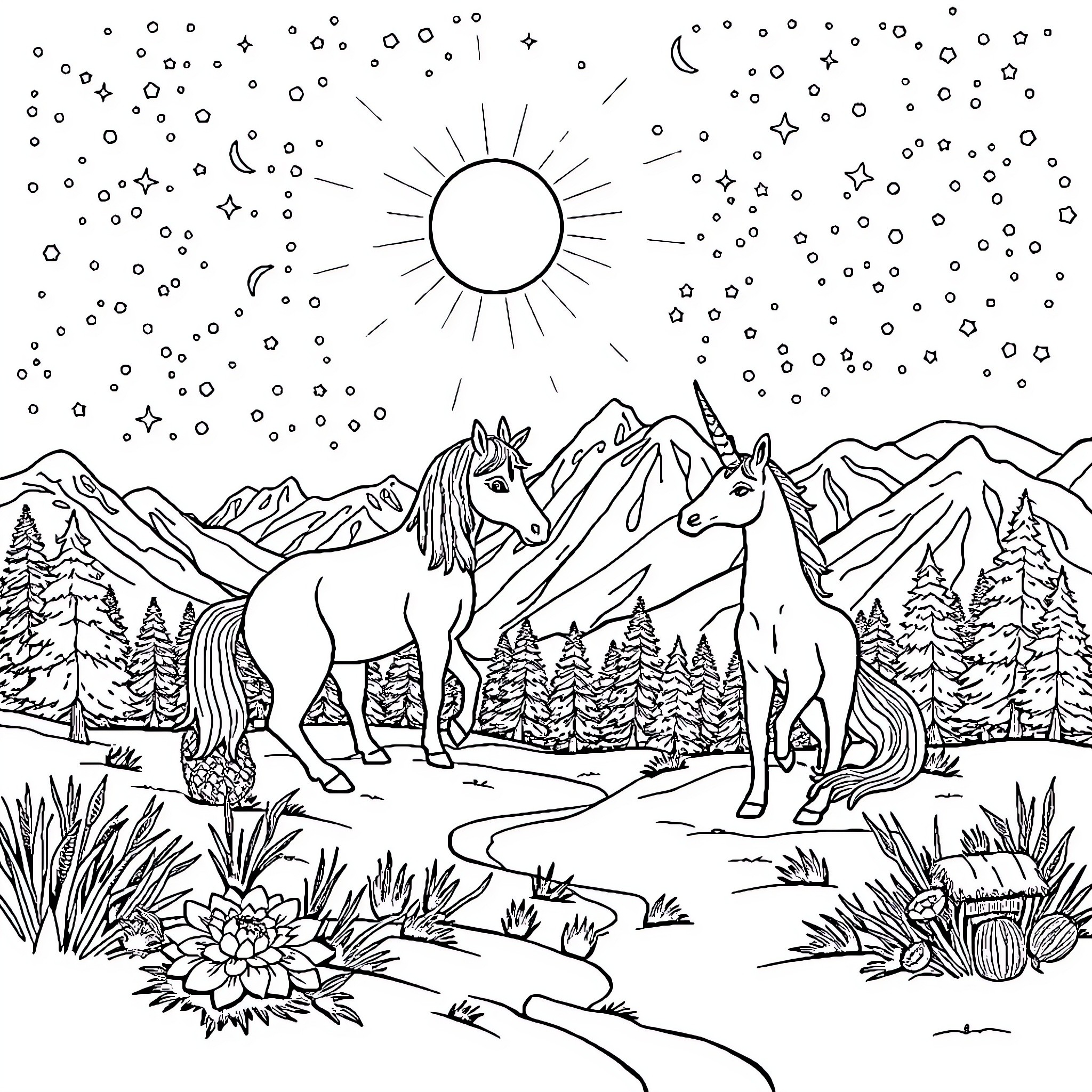 Unicorn Duo Exploring Serene Mountain Landscape Coloring Page (free black-and-white line drawing printable PDF for all, from beginners to advanced learners, including children, teens, adults, and seniors)