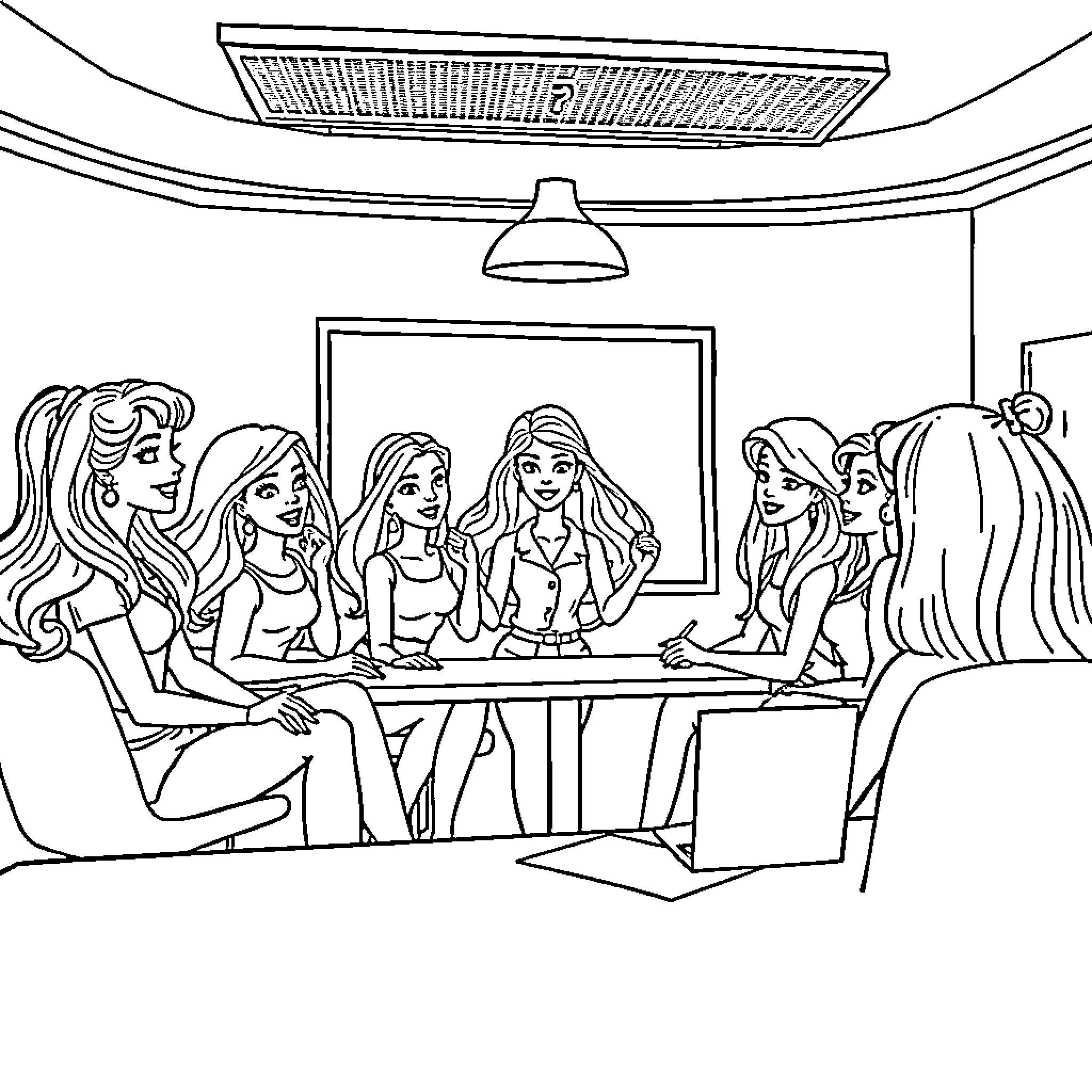 Barbie friends enjoying a lively discussion Coloring Page (free black-and-white line drawing printable PDF for all, from beginners to advanced learners, including children, teens, adults, and seniors)