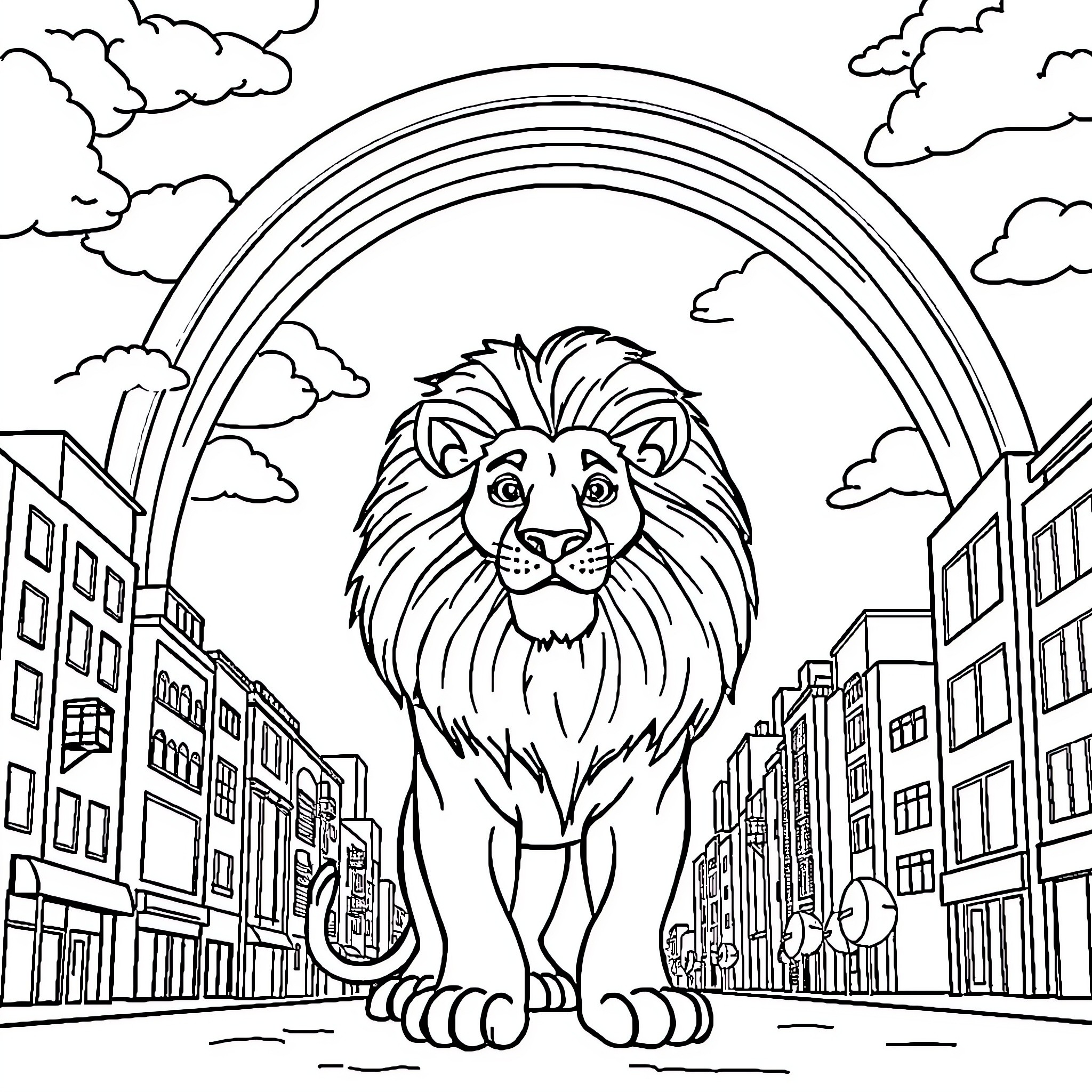 Lion standing proudly in the city under a rainbow Coloring Page (free black-and-white line drawing printable PDF for all, from beginners to advanced learners, including children, teens, adults, and seniors)