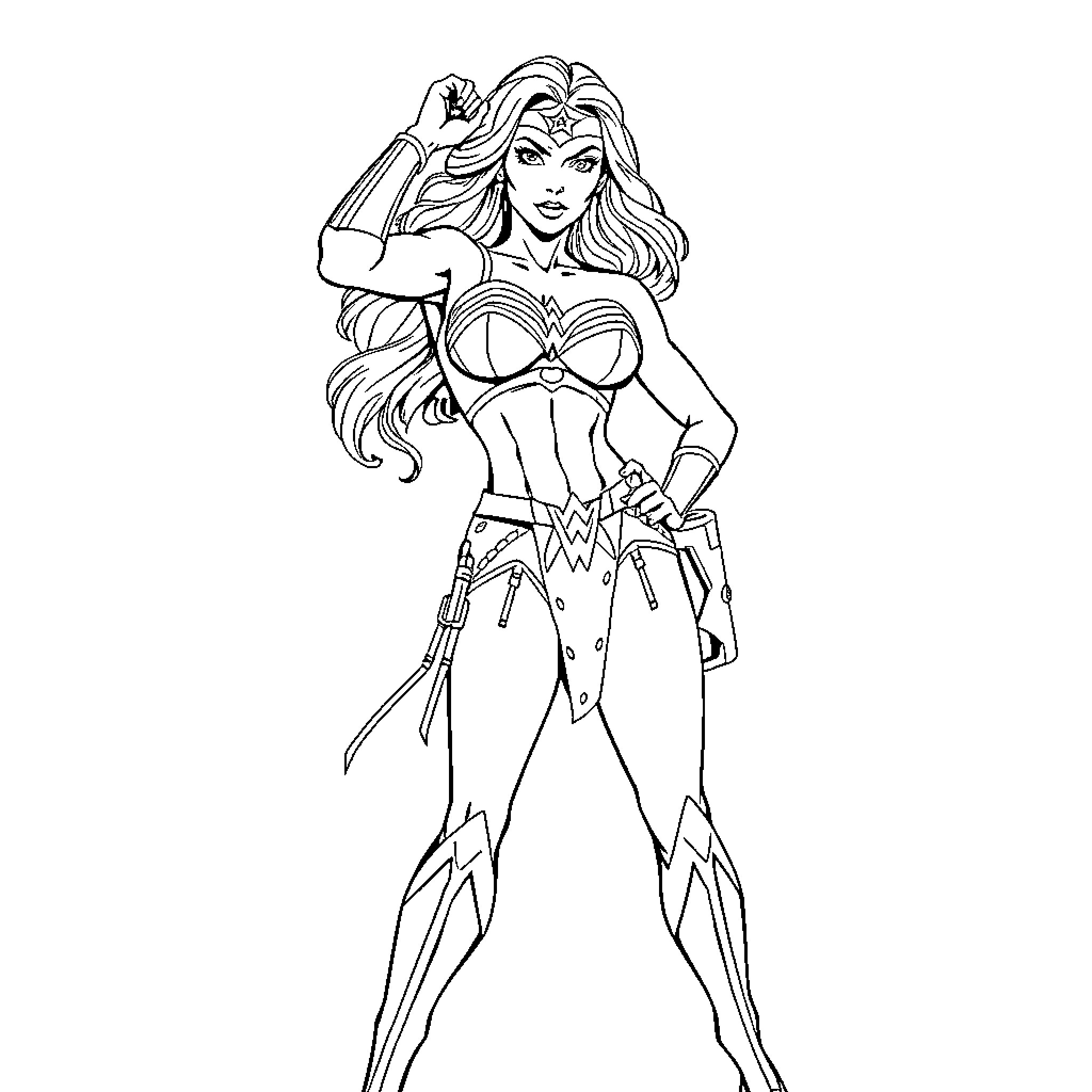 Wonder Woman in Heroic Pose Coloring Page (free black-and-white line drawing printable PDF for all, from beginners to advanced learners, including children, teens, adults, and seniors)