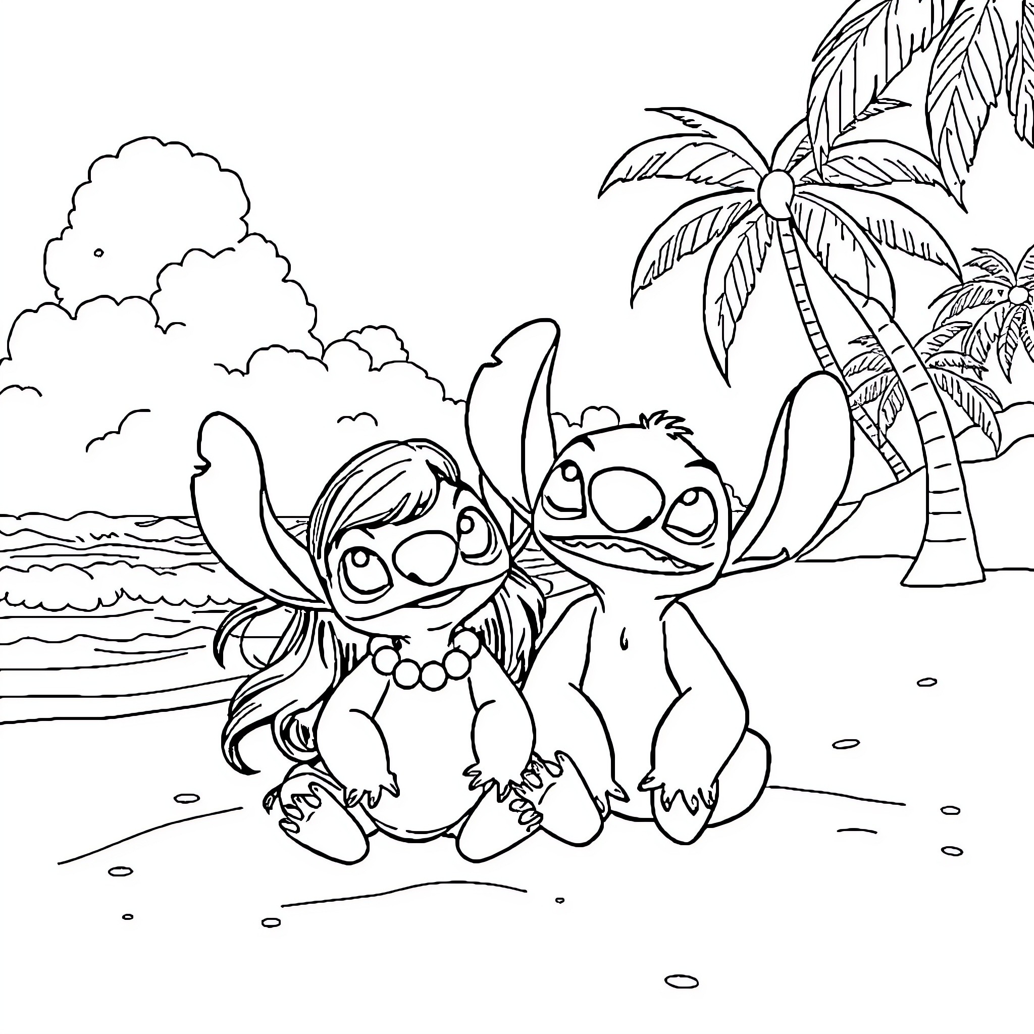 Lilo and Stitch enjoying a day at the beach Coloring Page (free black-and-white line drawing printable PDF for all, from beginners to advanced learners, including children, teens, adults, and seniors)