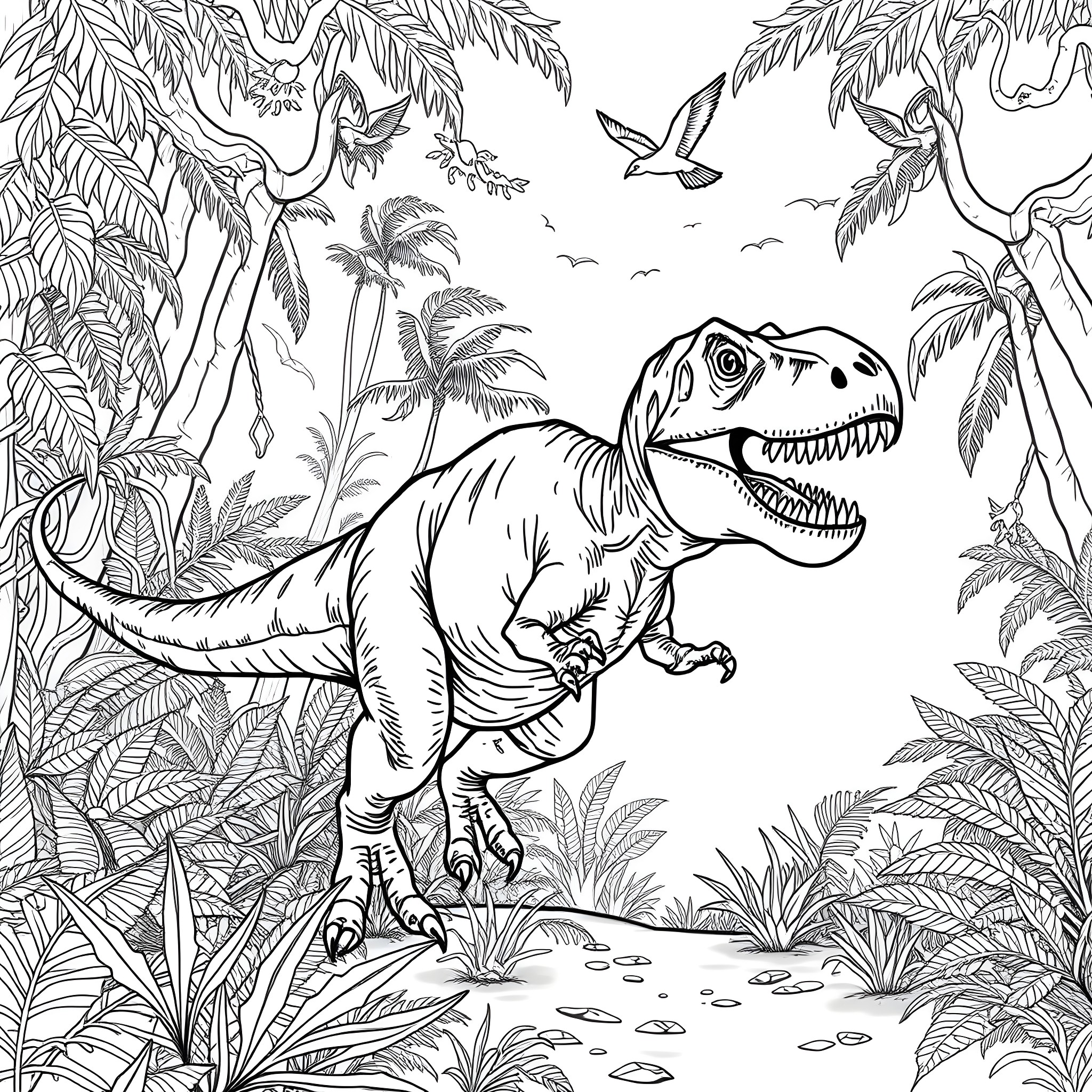 T-Rex roaring in prehistoric jungle landscape Coloring Page (free black-and-white line drawing printable PDF for all, from beginners to advanced learners, including children, teens, adults, and seniors)
