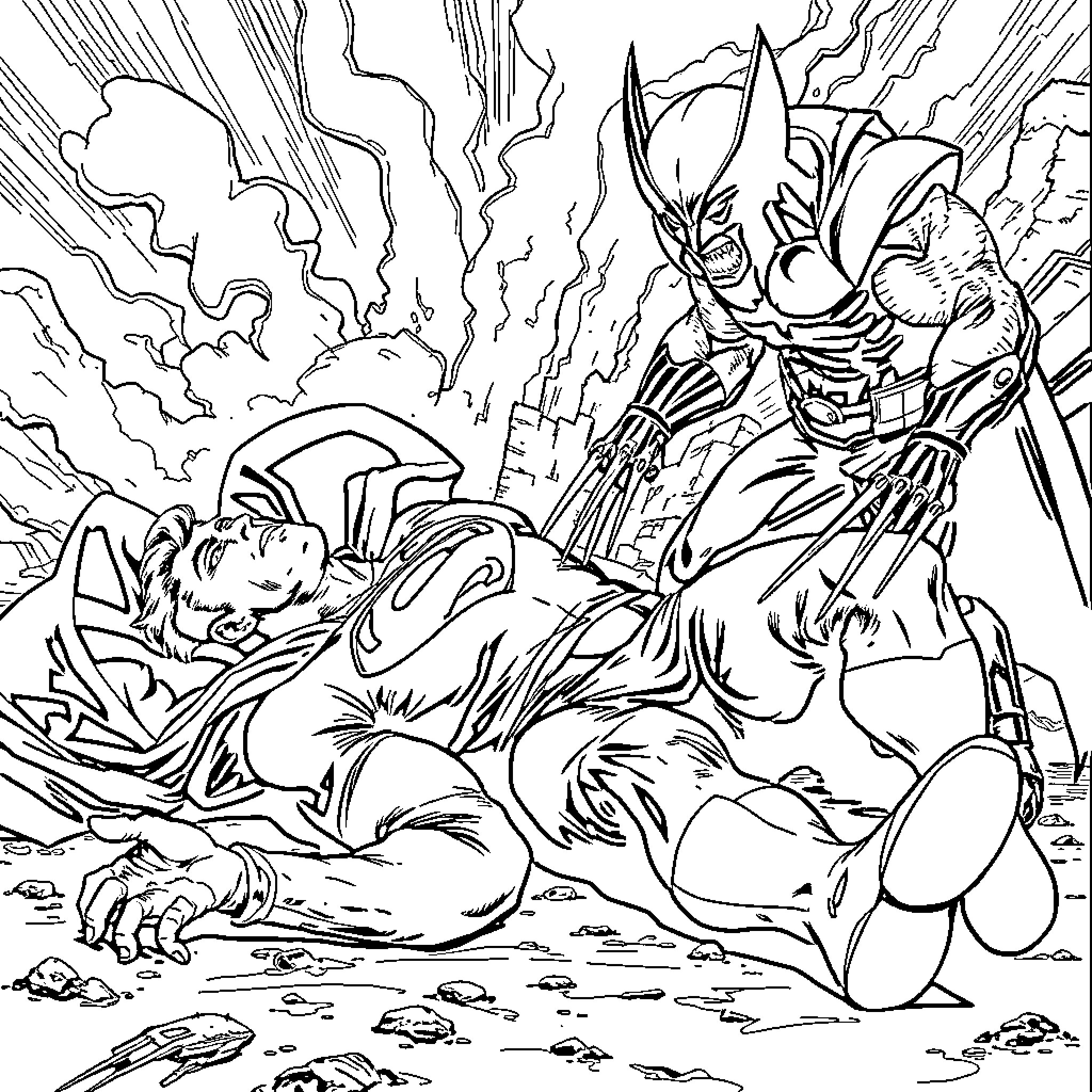 Superman Battles Fierce Villain in Dramatic Standoff Coloring Page (free black-and-white line drawing printable PDF for all, from beginners to advanced learners, including children, teens, adults, and seniors)