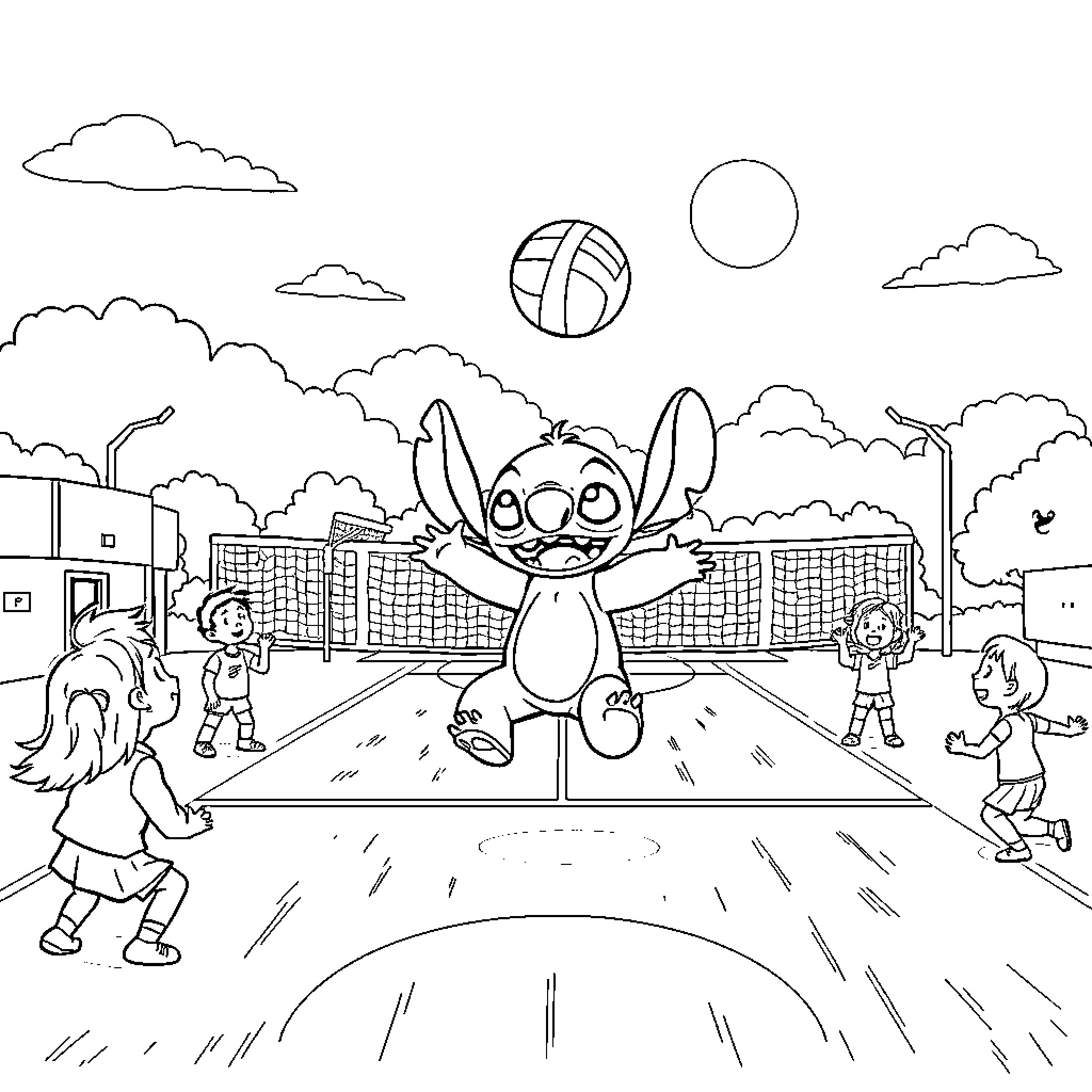 Stitch playing volleyball with children outdoors Coloring Page (free black-and-white line drawing printable PDF for all, from beginners to advanced learners, including children, teens, adults, and seniors)