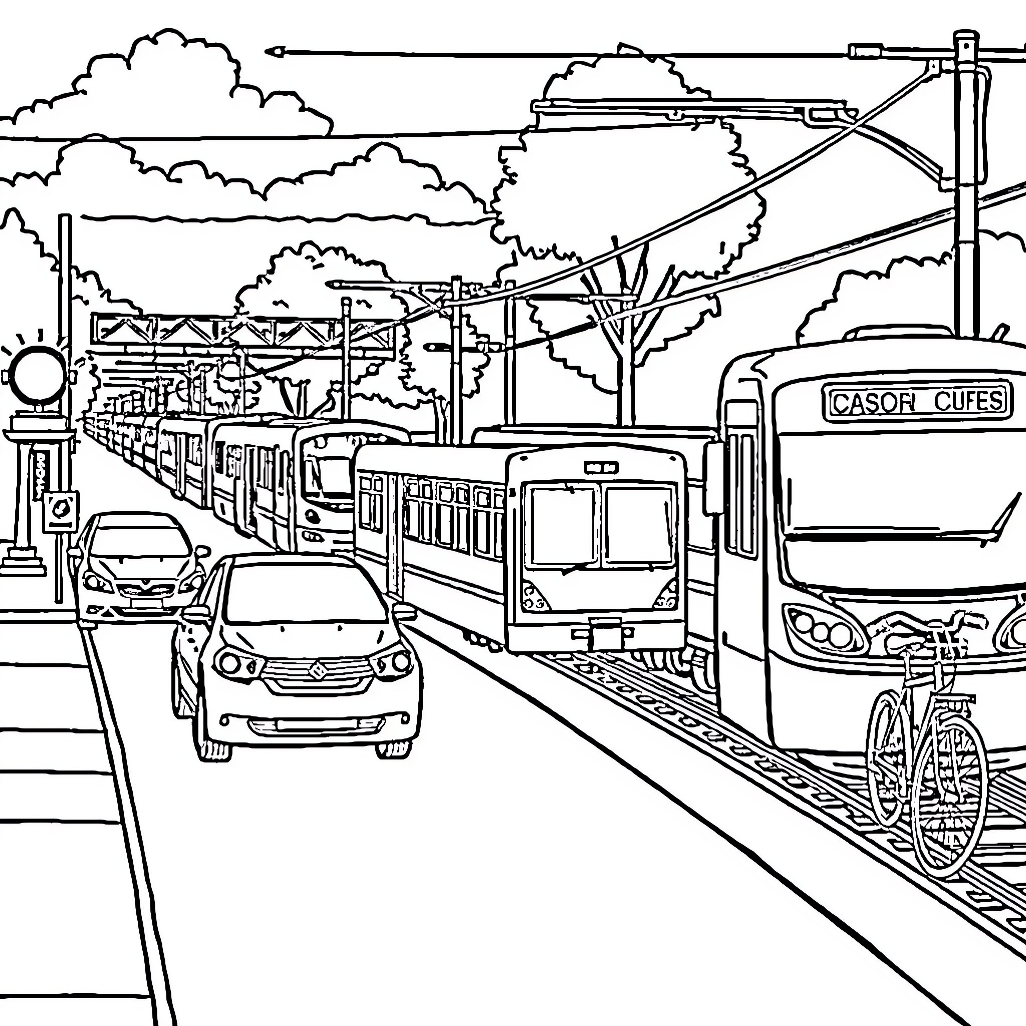 Transportation in a Busy Urban Scene Coloring Page (free black-and-white line drawing printable PDF for all, from beginners to advanced learners, including children, teens, adults, and seniors)