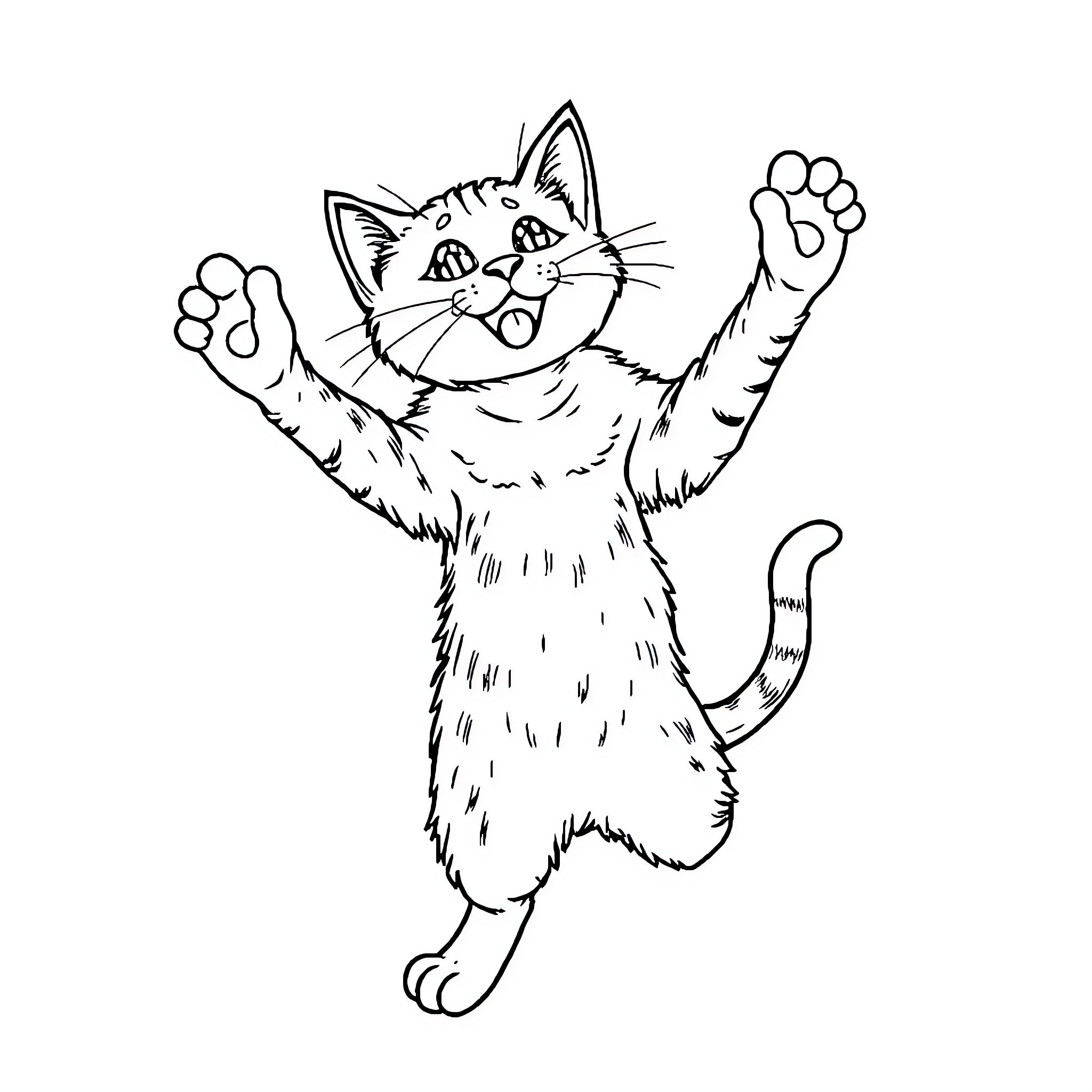 Cat playing excitedly in cartoon style Coloring Page (free black-and-white line drawing printable PDF for all, from beginners to advanced learners, including children, teens, adults, and seniors)