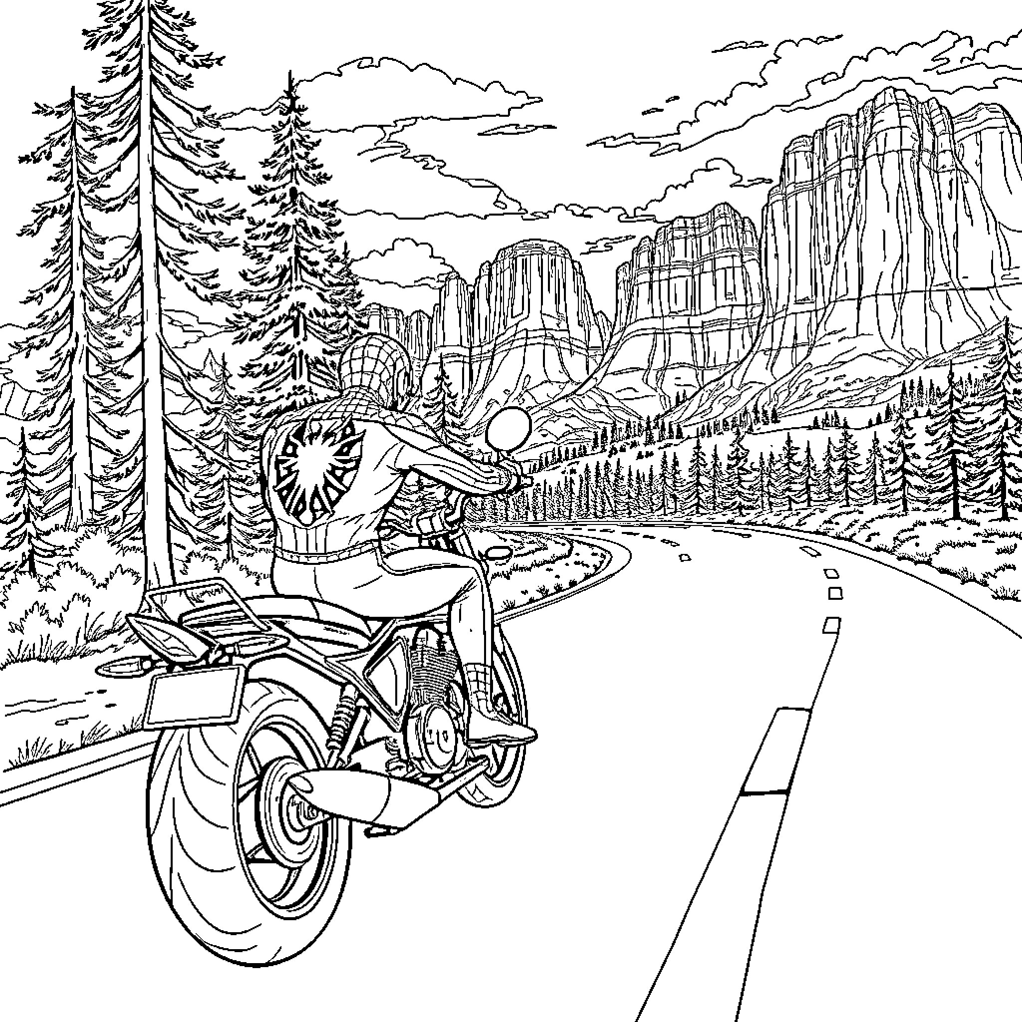 Spider-Man riding motorcycle through majestic mountain landscape Coloring Page (free black-and-white line drawing printable PDF for all, from beginners to advanced learners, including children, teens, adults, and seniors)