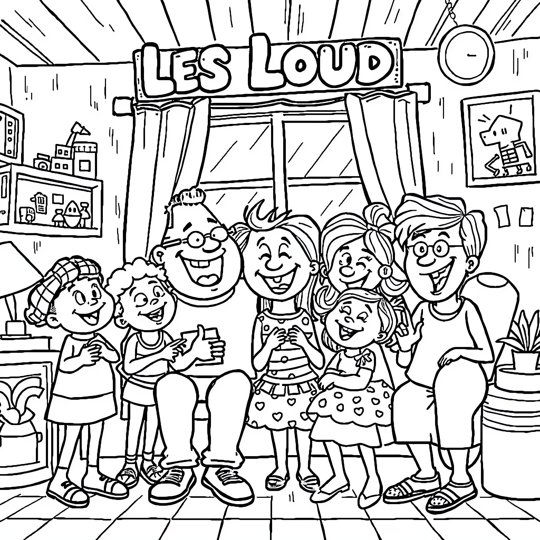 Les Loud Family Gathered for a Celebration Coloring Page (free black-and-white line drawing printable PDF for all, from beginners to advanced learners, including children, teens, adults, and seniors)